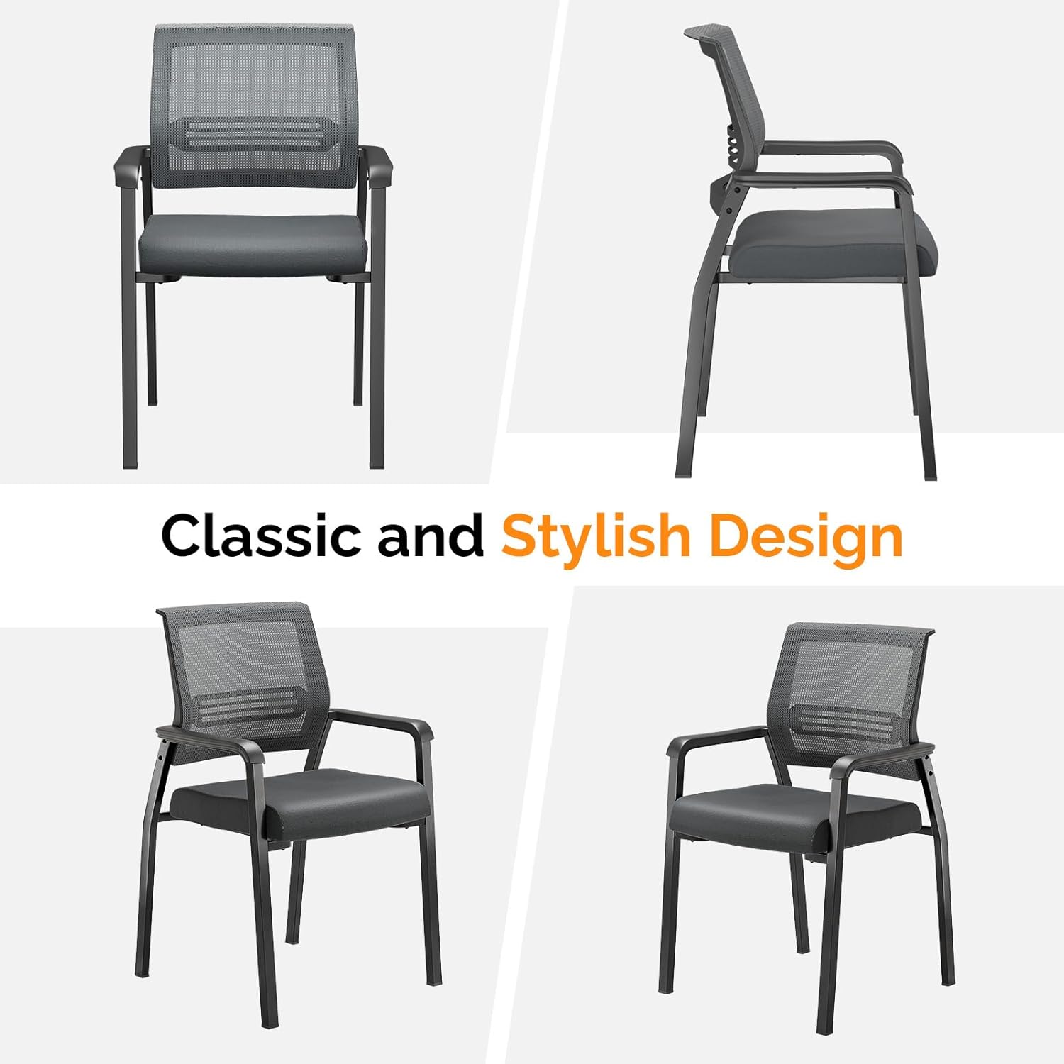 VINGLI Oversize 350 lbs Waiting Room Chairs, 4P Stackable Office Chairs, Grey, Contemporary Style, Mesh Back & Seat, Steel Frame, 355 lbs Capacity