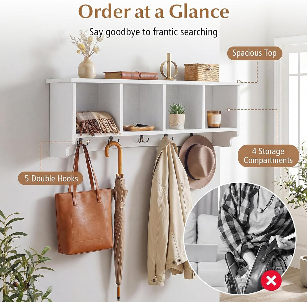 Giantex Wall Mounted Coat Rack, 28.5'' Wooden Floating Shelf with 4 Cubbies & 5 Double Hooks, Modern Space-Saving Storage Display Organizer for Entryway, Hallway, Mudroom (White)