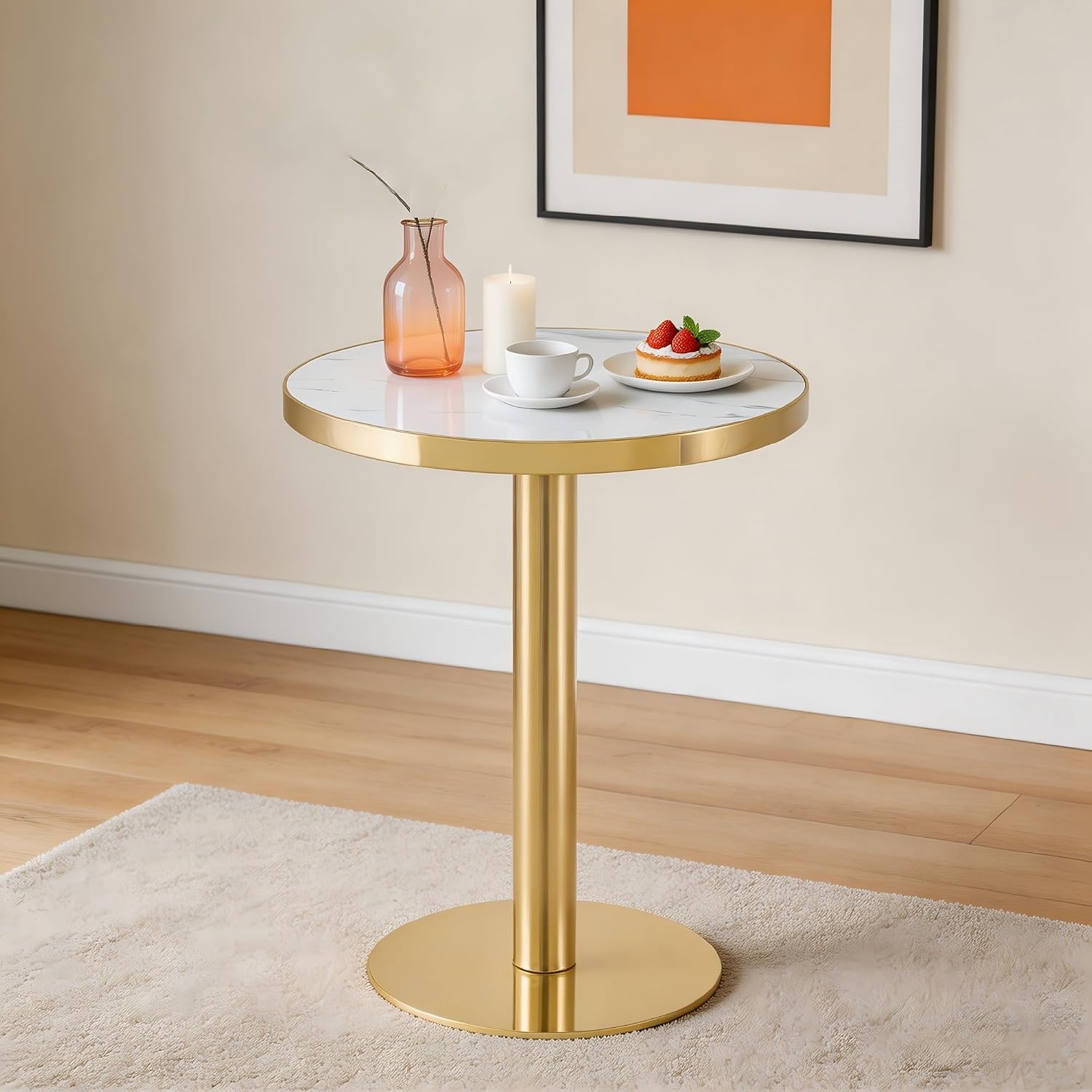 gopop 23.6" Modern Small Table for 2, Round Bar Table with Faux Marble Tabletop, Golden Edge & Base, Space Saving, Ideal for Cafe/Small Spaces/Apartment, White