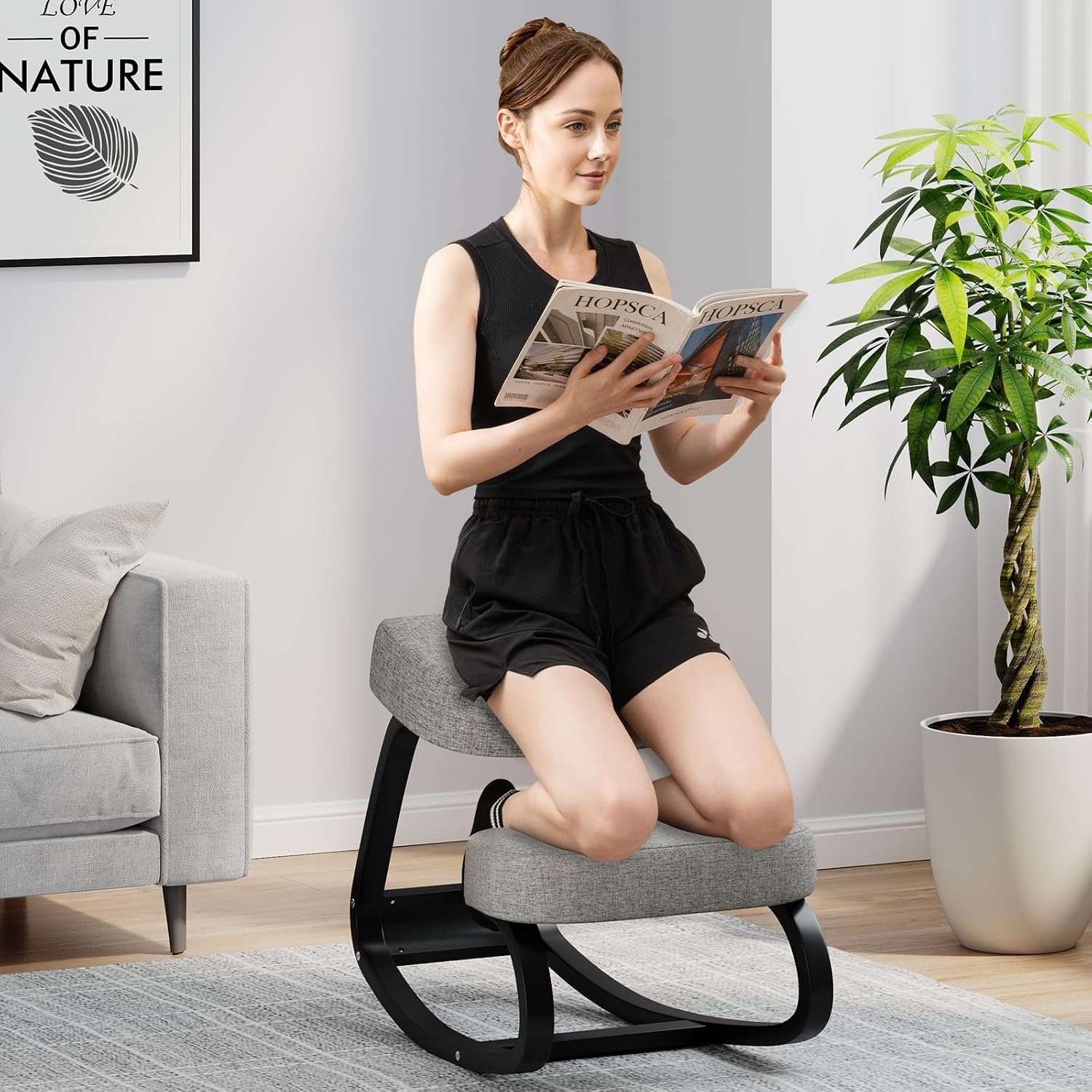 Goplus Ergonomic Kneeling Chair, Rocking Posture Chair w/Soft Seat & Pads, Wooden Backless Knee Chair for Home Office Study