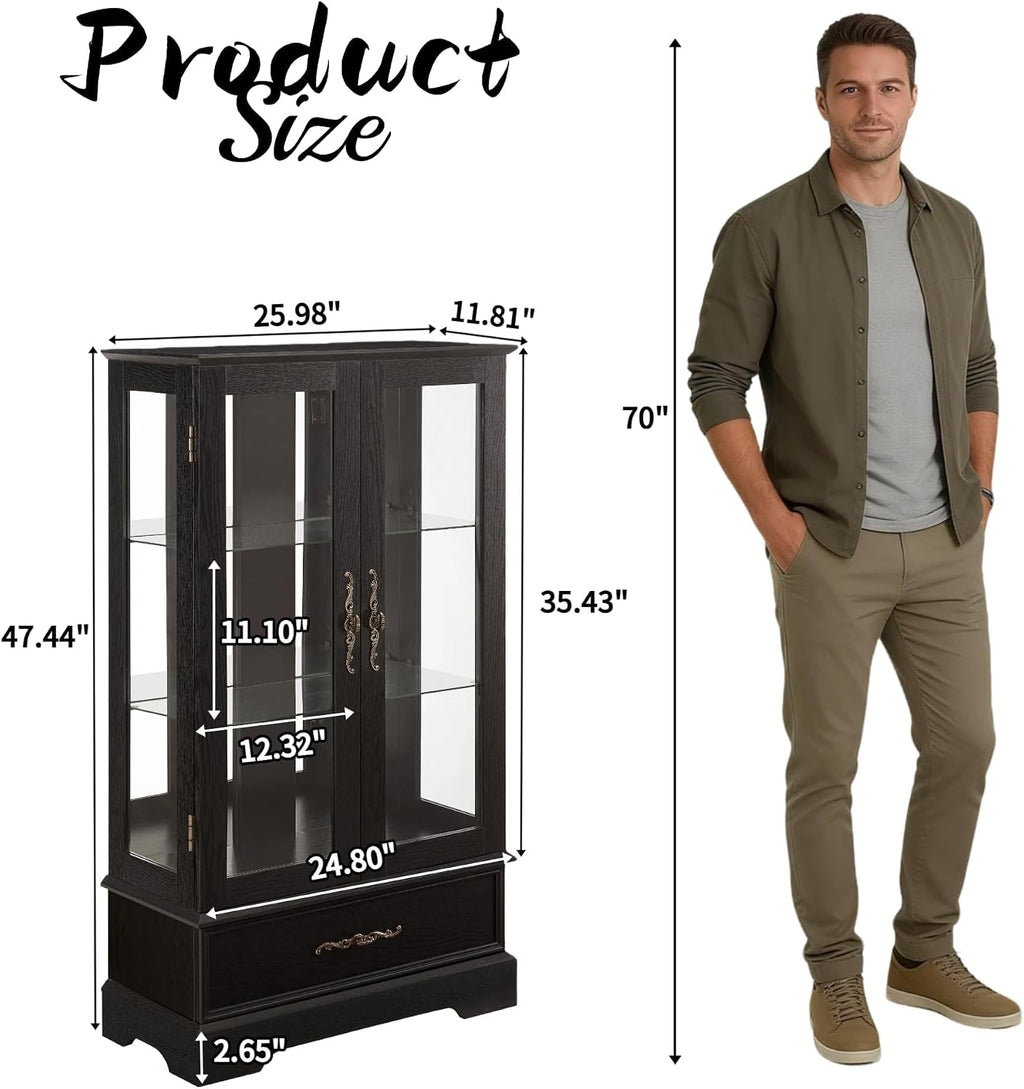 3-Tier Lighted Glass Curio Display Cabinet, 47" H Glass Storage Cabinet with Adjustable Shelves & 1 Drawer, Wooden Wine Accent Display Case with Mirrored Back Panel for Living Room (Black)