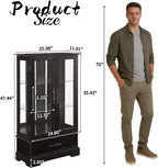 3-Tier Lighted Glass Curio Display Cabinet, 47" H Glass Storage Cabinet with Adjustable Shelves & 1 Drawer, Wooden Wine Accent Display Case with Mirrored Back Panel for Living Room (Black)