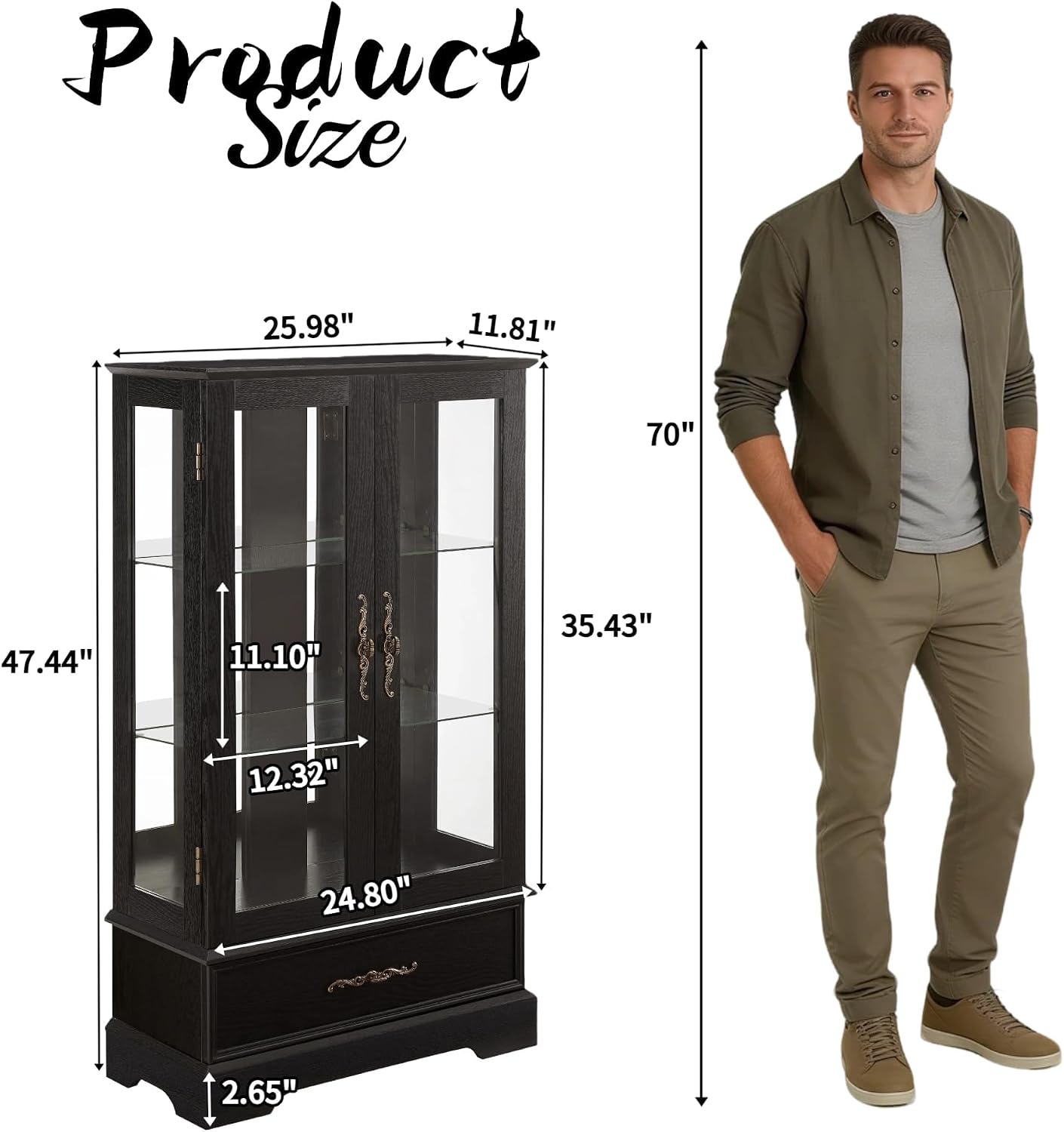 3-Tier Lighted Glass Curio Display Cabinet, 47" H Glass Storage Cabinet with Adjustable Shelves & 1 Drawer, Wooden Wine Accent Display Case with Mirrored Back Panel for Living Room (Black)