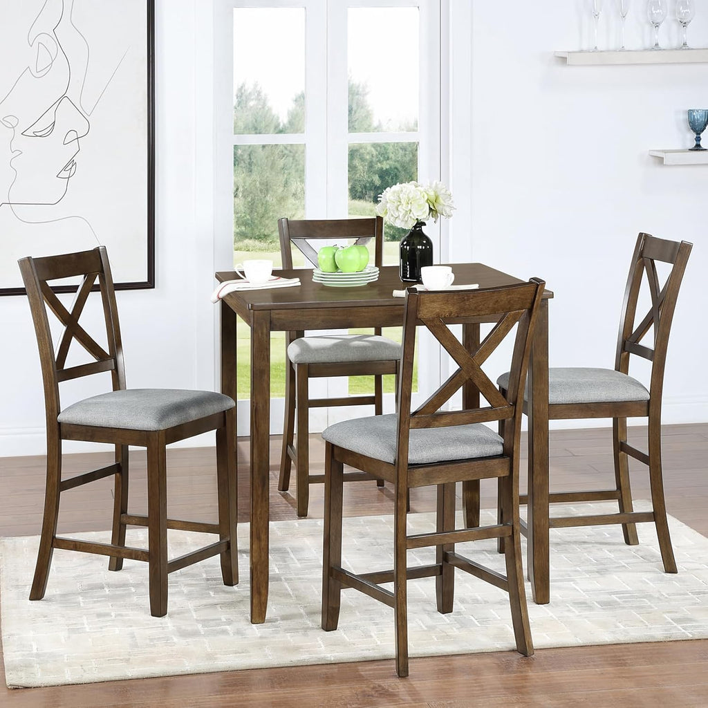 5 Piece Dining Table Set for 4, Solid Wood Square Dining Table Set, Counter Height Kitchen Table Set with Square Table and 4 Upholstered Chairs, X-shaped Backrest for Small Space, Walnut