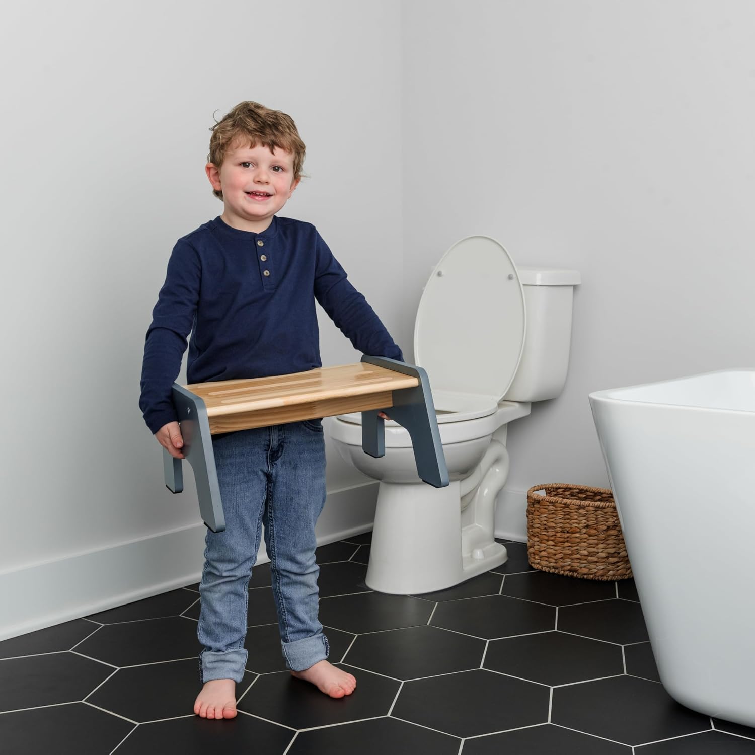OCODILE 1-Step Wooden Step Stool for Toddlers | Kids Step Stool for Bathroom Sink, Kitchen, and Potty Training | Non-Slip Stool for Toilet Independence | Wooden Step for Children Ages 2+ Gray