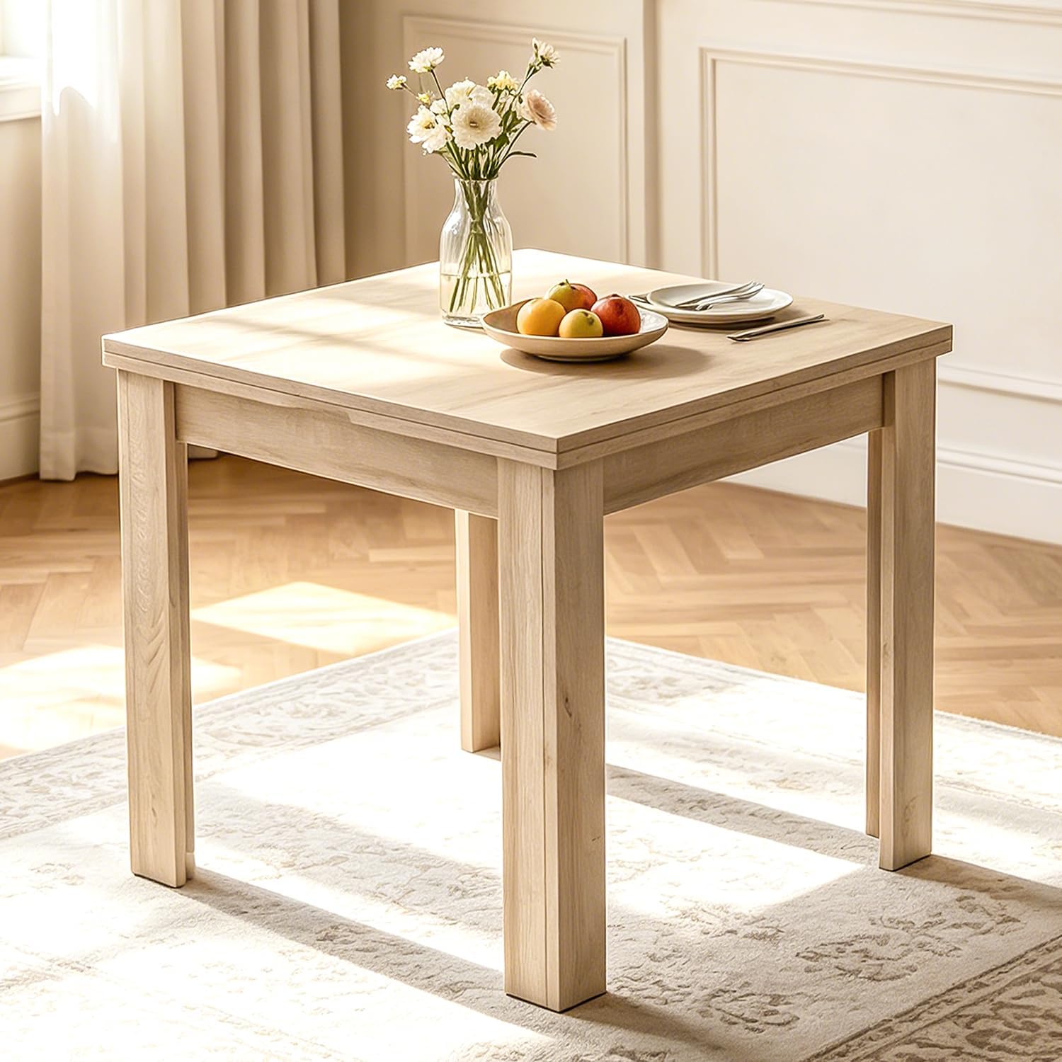 31.5"-63" Square Extendable Folding Dining Table, Natural Wood | Living Room, Kitchen, Dining Room, Space Saving, Drop Leaf, Modern Dining Room Table, Rectangular Dining Table, Seats 4-6