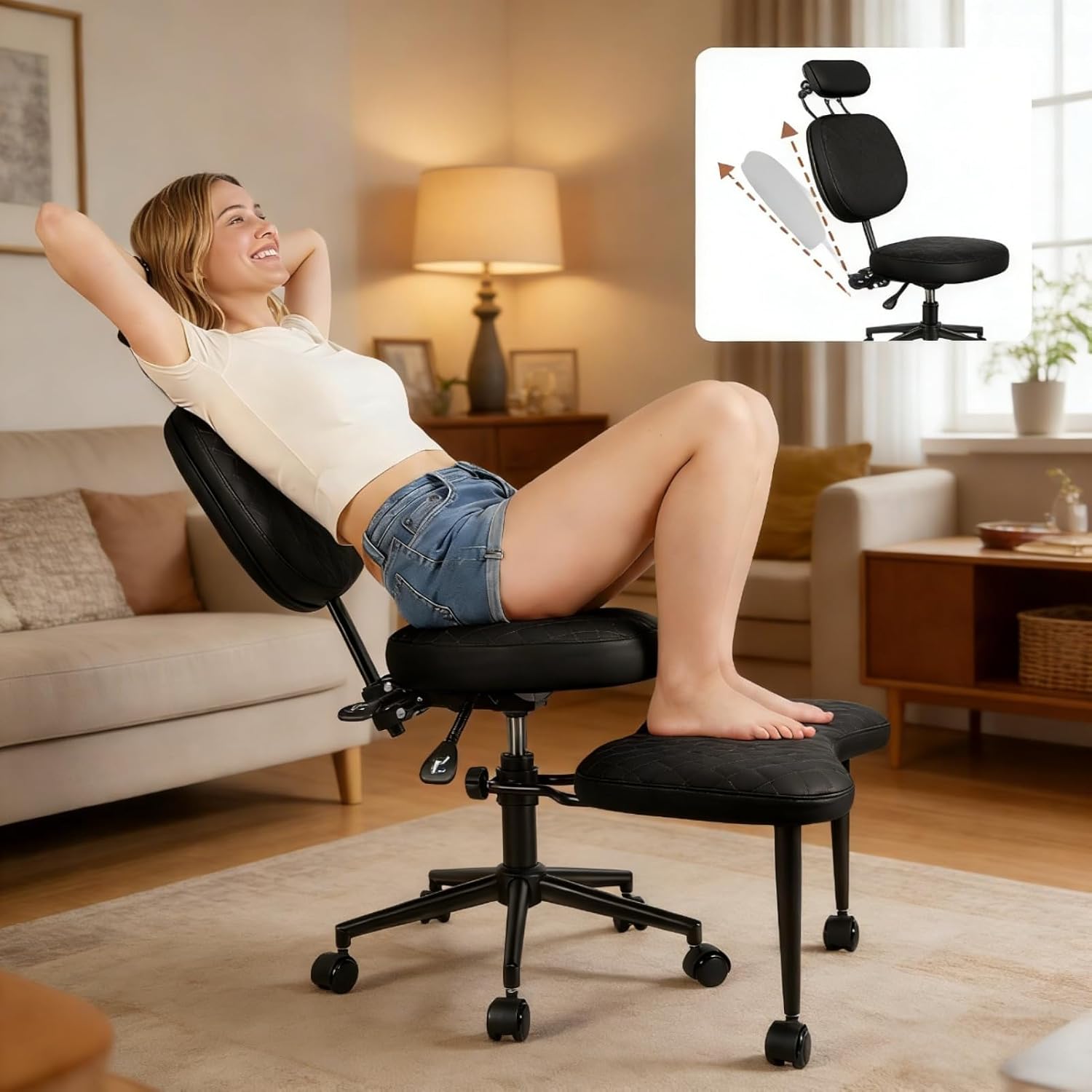 Criss Cross Office Chair with Wheels, Cross Legged Office Chair, Adjustable Height Kneeling Chair for Meditation Yoga Home Office with Backrest, 360° Rotating Footrest (Black)