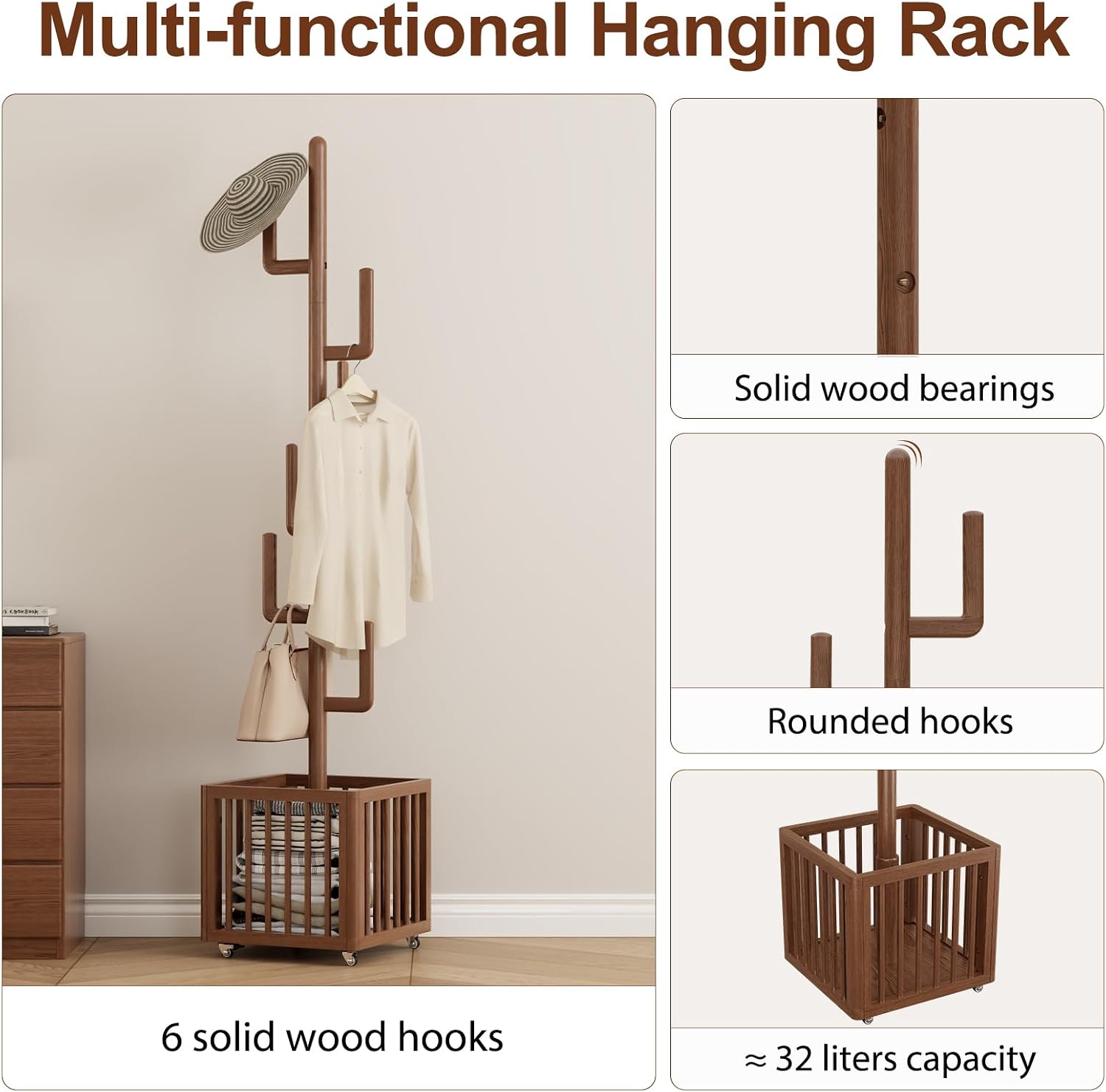Solid Wood Cactus Coat Rack with 6 Hooks and Storage Basket, Walnut | Coat rack freestanding With 6 L-Shaped Hook,Decorative and Functional coat tree for entryway, hallway, bedroom, living room
