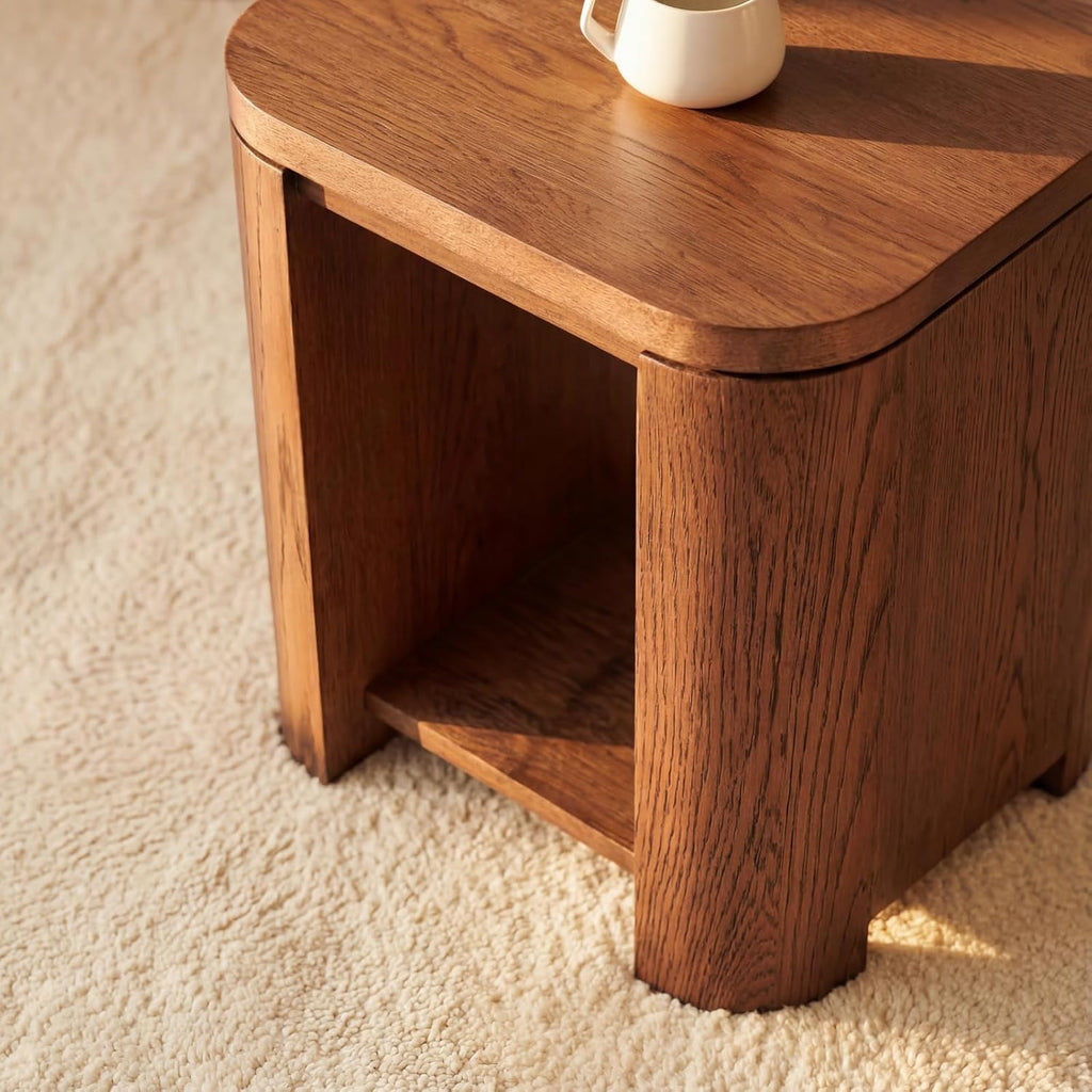 Ovelo End Table Solid Wood Oak Side Table with Storage Shelf, Modern Small Accent Table, White Oak Finish Brown 2 Tier Nightstand for Living Room, Bedroom, Sofa Side Table