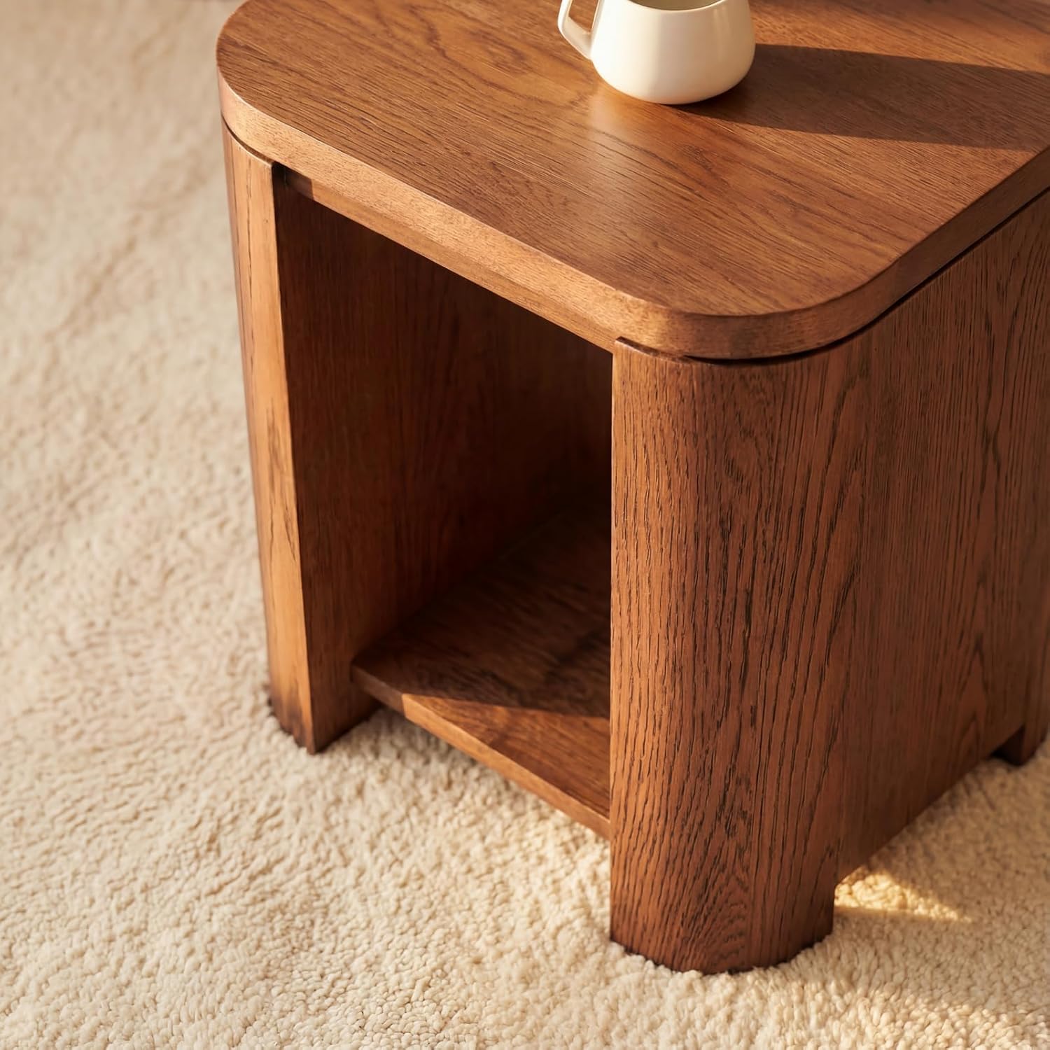 Ovelo End Table Solid Wood Oak Side Table with Storage Shelf, Modern Small Accent Table, White Oak Finish Brown 2 Tier Nightstand for Living Room, Bedroom, Sofa Side Table