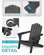 Folding Adirondack Chair, All-Weather HDPE Plastic Patio Chair with 2 Cup Holders, Wooden Textured Lawn Chair, Perfect for Fire Pit,Black