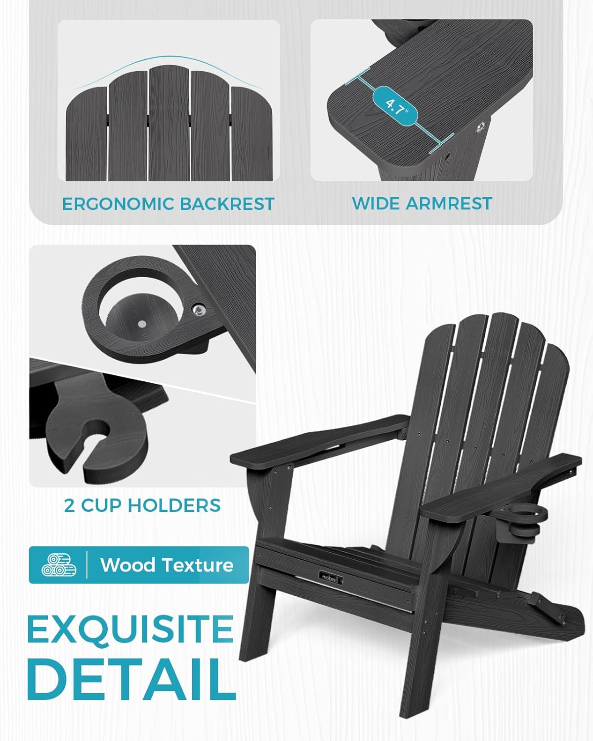 Folding Adirondack Chair, All-Weather HDPE Plastic Patio Chair with 2 Cup Holders, Wooden Textured Lawn Chair, Perfect for Fire Pit,Black