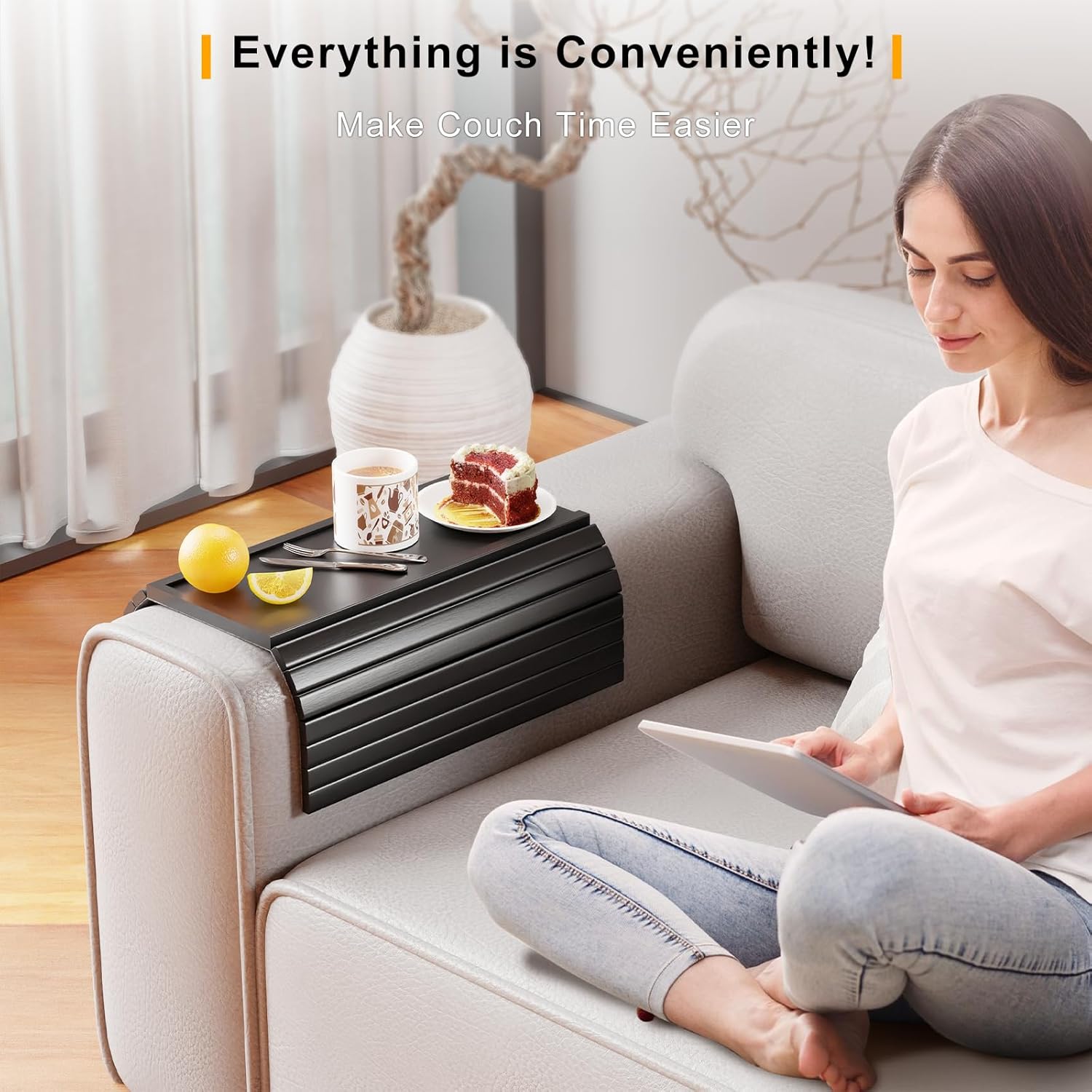 Bestjing Bamboo Couch Armrest Table, Sofa Arm Tray with Detachable Couch Cup Holder- 2 in 1 Anti-Slip Foldable Sofa Armchair Caddy Table for Drinks Cellphone TV Remote Snacks (Black)