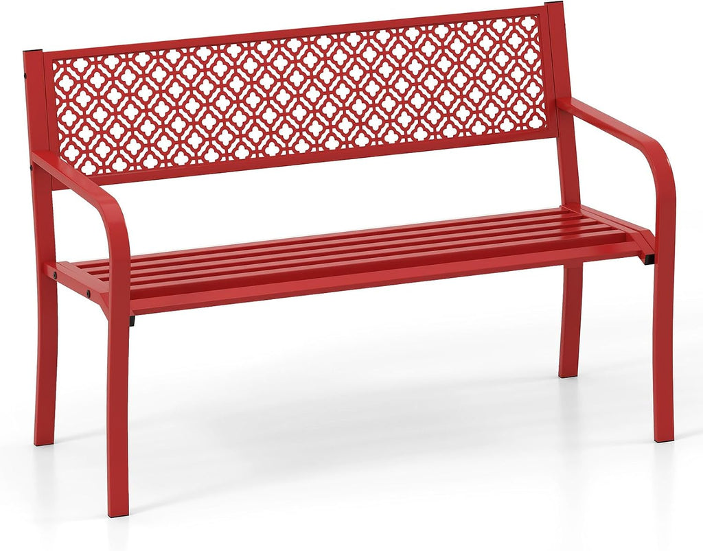 Tangkula 50 Inches Outdoor Garden Bench, Metal Patio Park Bench with Geometric Lattice Backrest, Armrests and Slatted Seat, Outdoor Loveseat Chair for Porch, Lawn and Yard (Red)