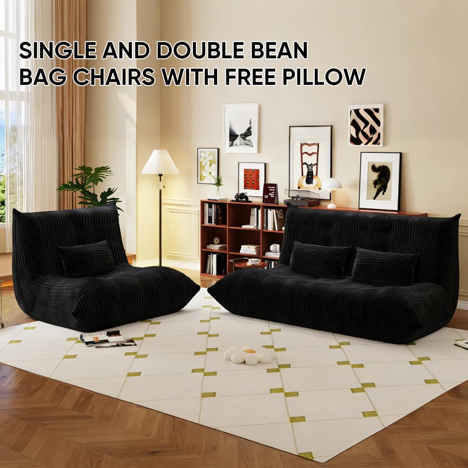 Bean Bag Chair with Pillow, Giant Flannal Memory Foam beanbags Lazy Sofa for Audlts Fireside Chair Armless Chair for Living Room Bedroom Dorm Office (Black, Single Sofa)