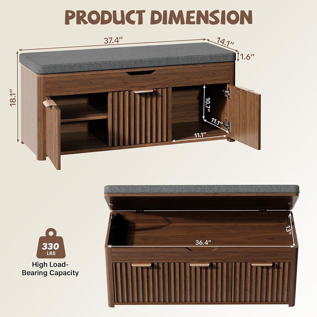 Shoe Bench with Storage, Lift Top Entryway Bench with Hidden Storage, 2-Tier Adjustable Shoe Rack and Cushioned Seat, Wooden End of Bed Bench for Bedroom, Living Room, Hallway, Walnut