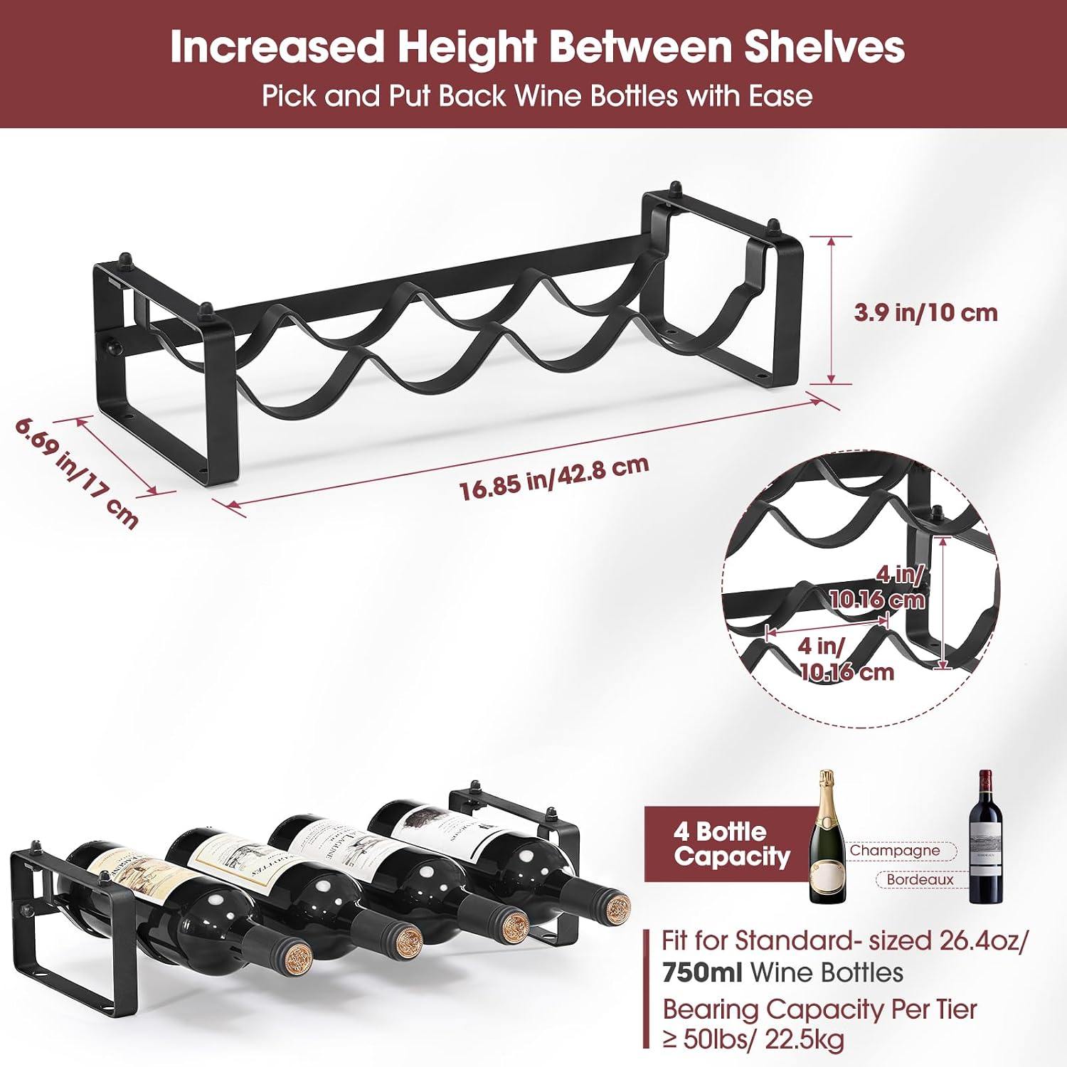 Stackable Wine Rack Countertop, 4 Bottles Wine Bottle Holder for Inside Cabinet, Small Tabletop Wine Holder Stand for Pantry Bar, 1-Tier Angle Adjustable Wine Bottle Rack for Tight Spaces
