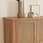 64" Tall Pantry Cabinet, Rattan Doors, 2 Drawers, Adjustable Shelves, Anti-Tip Design, Hard Wood, Walnut Finish for Kitchen, Dining, Living Room