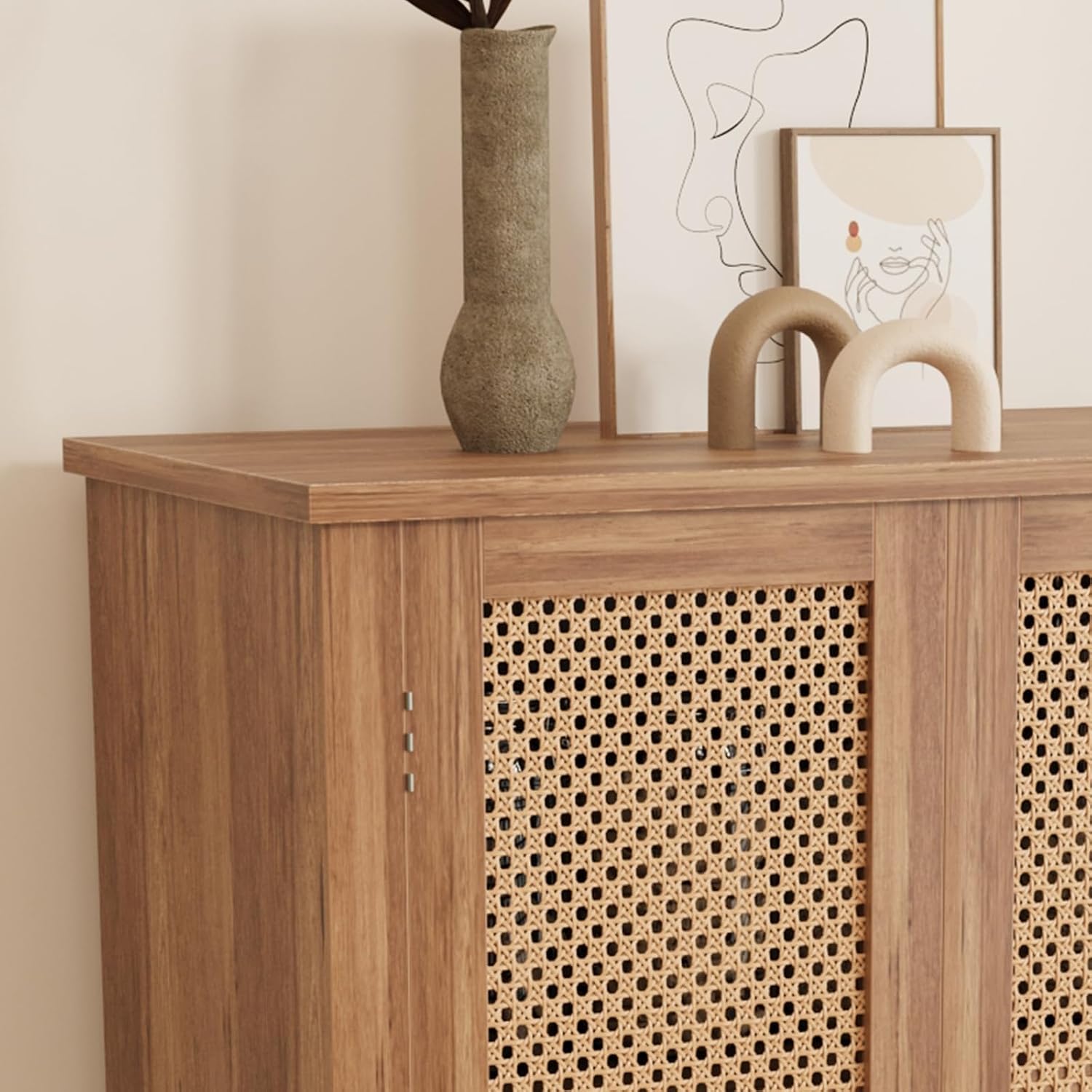 64" Tall Pantry Cabinet, Rattan Doors, 2 Drawers, Adjustable Shelves, Anti-Tip Design, Hard Wood, Walnut Finish for Kitchen, Dining, Living Room