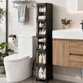 5-Tier Tall Narrow Slim Bathroom Storage Cabinet, Black | Tool Free Assembly, Adjustable shelves, Fits for Narrow Spaces, Lockable Wheels, Magnetic Clear Door