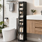 5-Tier Tall Narrow Slim Bathroom Storage Cabinet, Black | Tool Free Assembly, Adjustable shelves, Fits for Narrow Spaces, Lockable Wheels, Magnetic Clear Door
