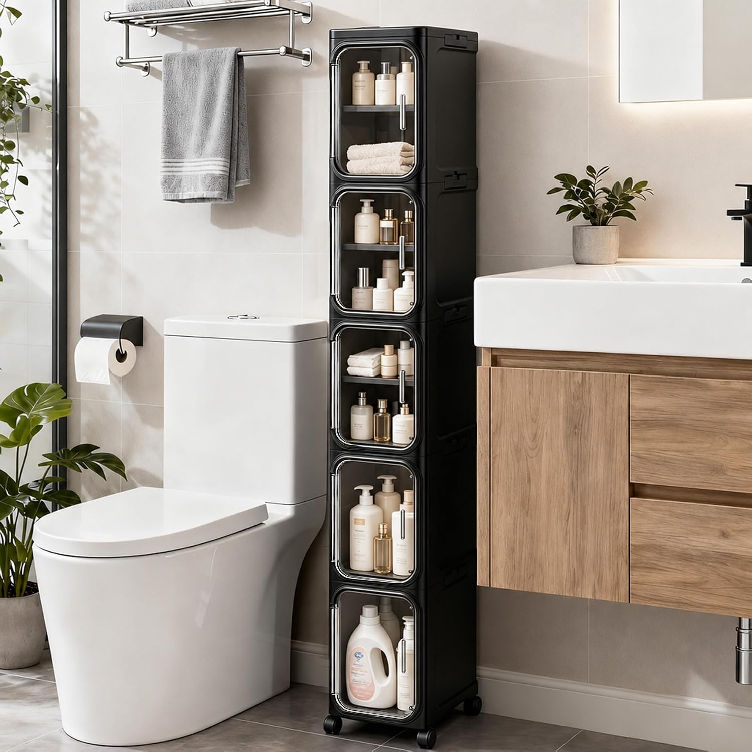5-Tier Tall Narrow Slim Bathroom Storage Cabinet, Black | Tool Free Assembly, Adjustable shelves, Fits for Narrow Spaces, Lockable Wheels, Magnetic Clear Door