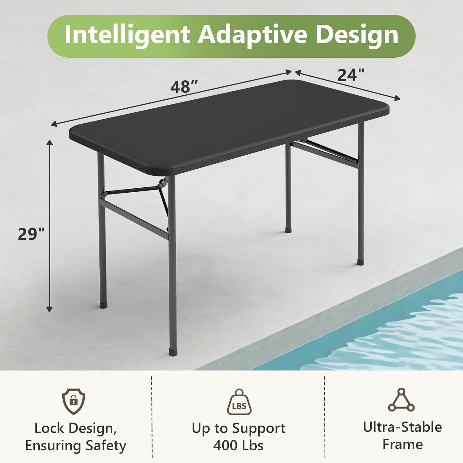 4ft Folding Table with Foldable Steel Legs, Heavy Duty Plastic Foldable Table, Metal Frame, Support up to 400 lb, Portable for Banquet, Craft, Party, Indoor & Outdoor Use, Black