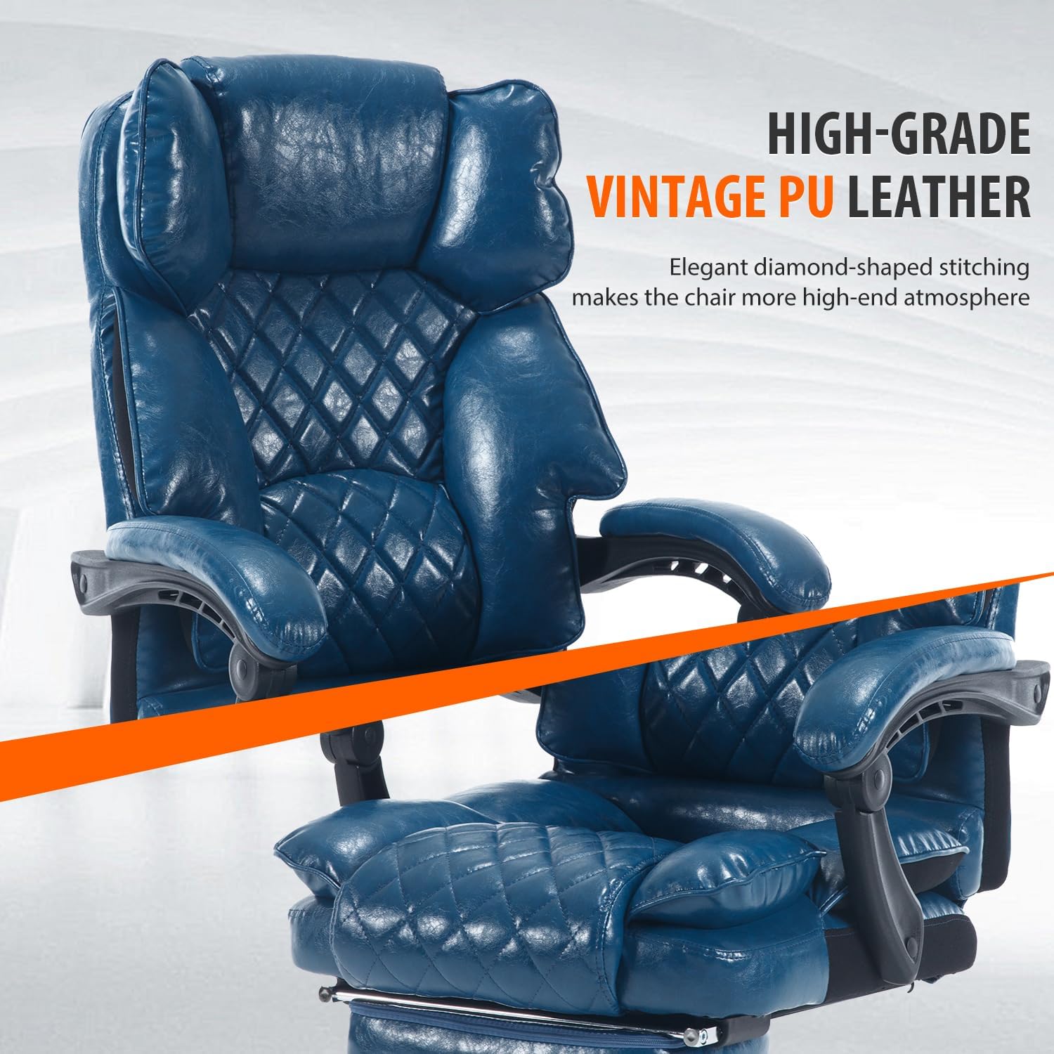 Big Tall Reclining Office Chair with Footrest, 400lbs Ergonomic Recliner Office Desk Chairs with Lumbar Support, Heavy Duty High Back Vintage Leather Executive Computer Chair with Wheels, Blue