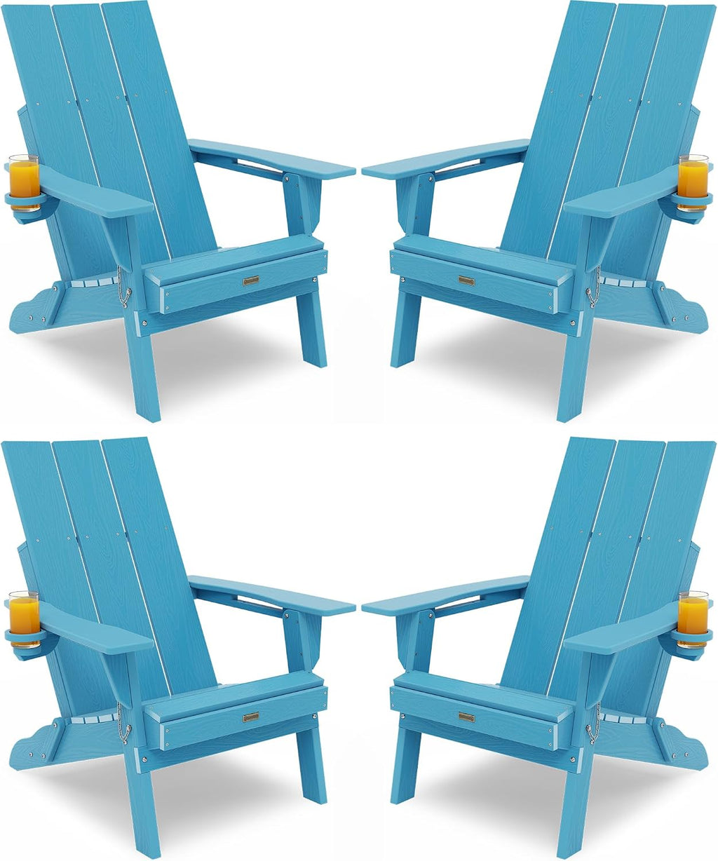 Adirondack Chair with Cup Holder: Folding Adirondack Chairs Set of 4 Plastic HDPE Material Furniture - Modern Composite Fire Pit Chairs Foldable for Outdoor/Backyard/Garden/Lawn/Deck/Porch