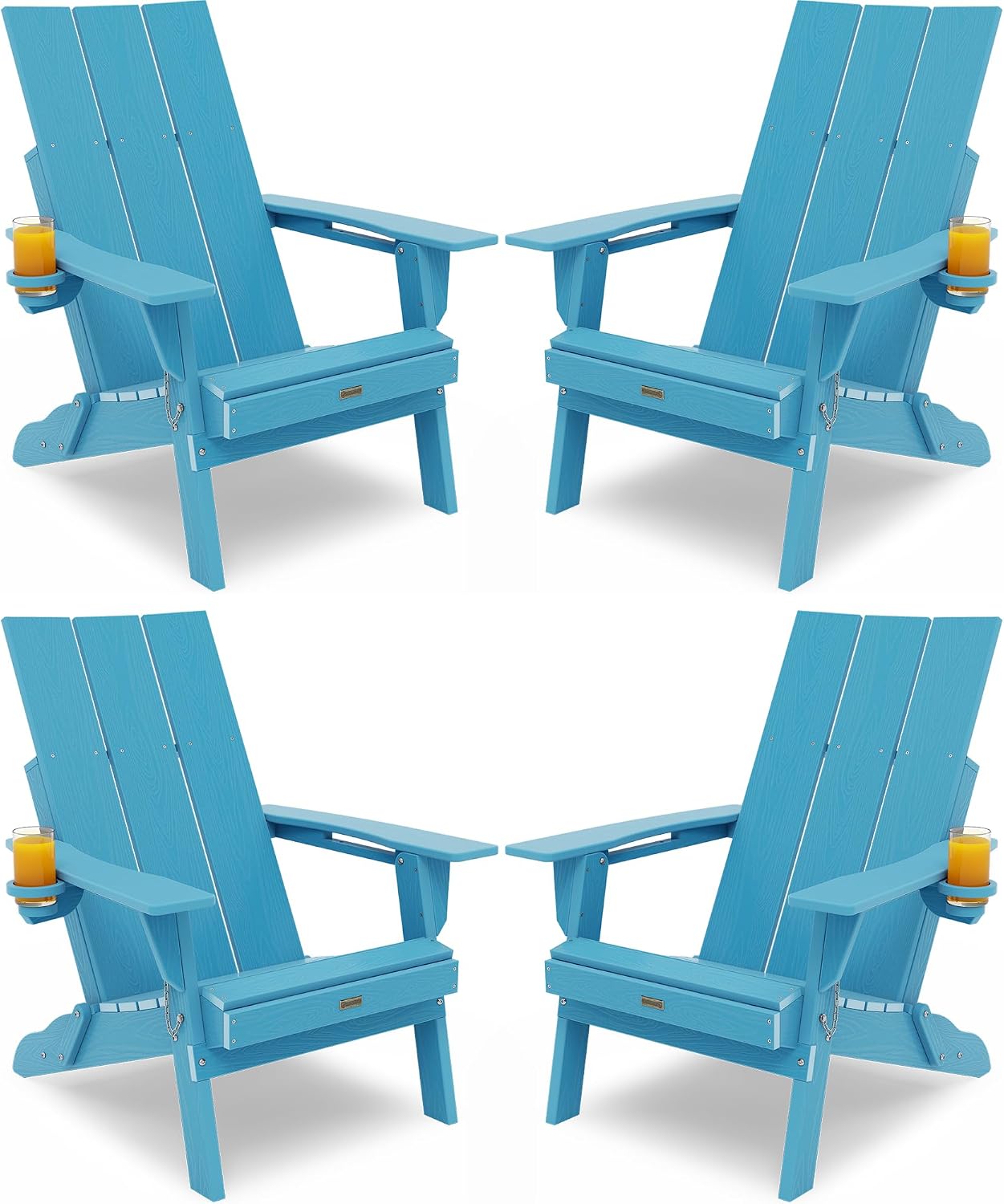 Adirondack Chair with Cup Holder: Folding Adirondack Chairs Set of 4 Plastic HDPE Material Furniture - Modern Composite Fire Pit Chairs Foldable for Outdoor/Backyard/Garden/Lawn/Deck/Porch