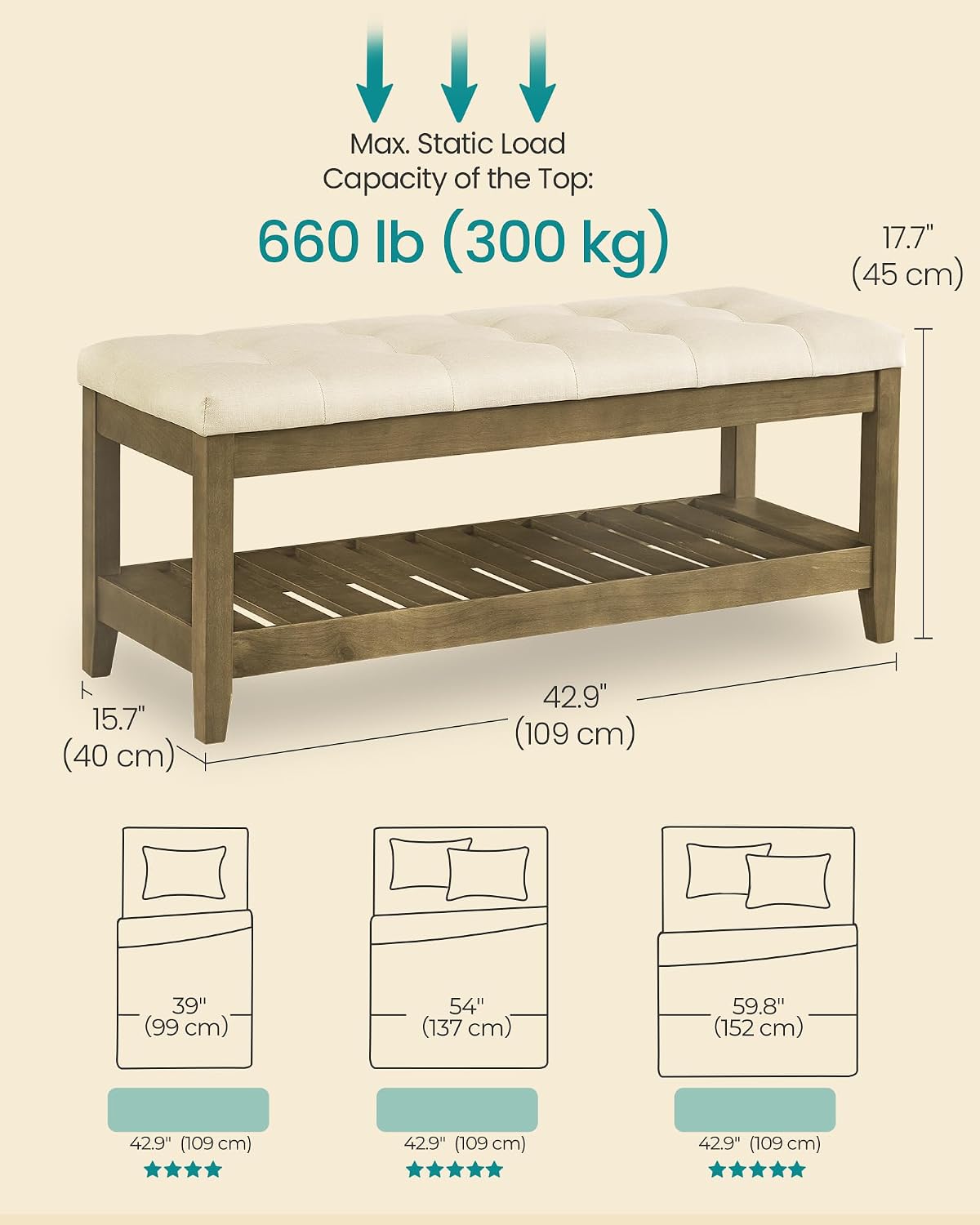 SONGMICS Entryway Storage Bench with Solid Wood Frame, Console Table with Storage, Sofa Table, Ottoman with Tufted Cushion, for Living Room, 15.7 x 42.9 x 17.7 Inches, Summer Sand ULSF009LF01