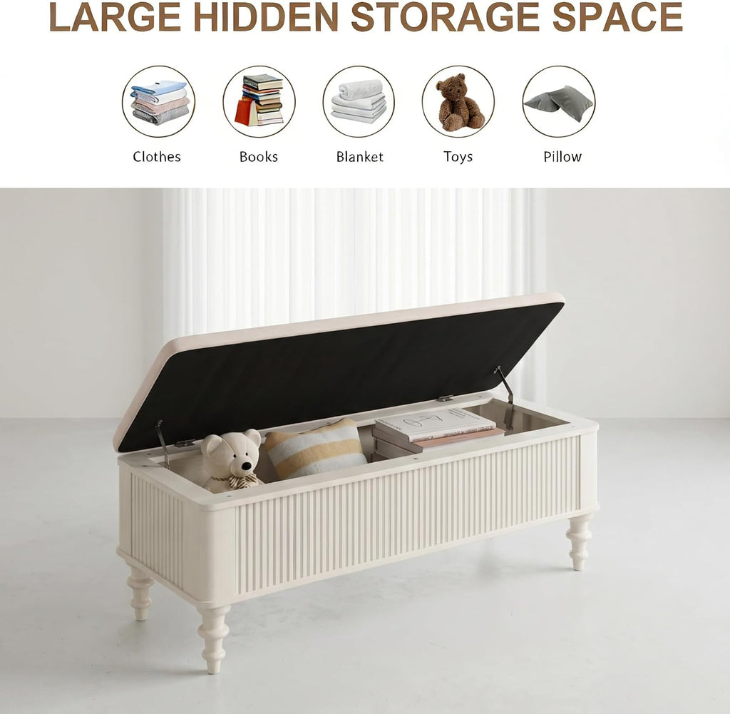 Storage Ottoman Bench 50.8" Rubberwood Linen Beige | Linen Seat, Storage Bench for Bedroom, Entryway Shoe Organizer for Bedroom, Living Room, Entryway, Closet, Beige
