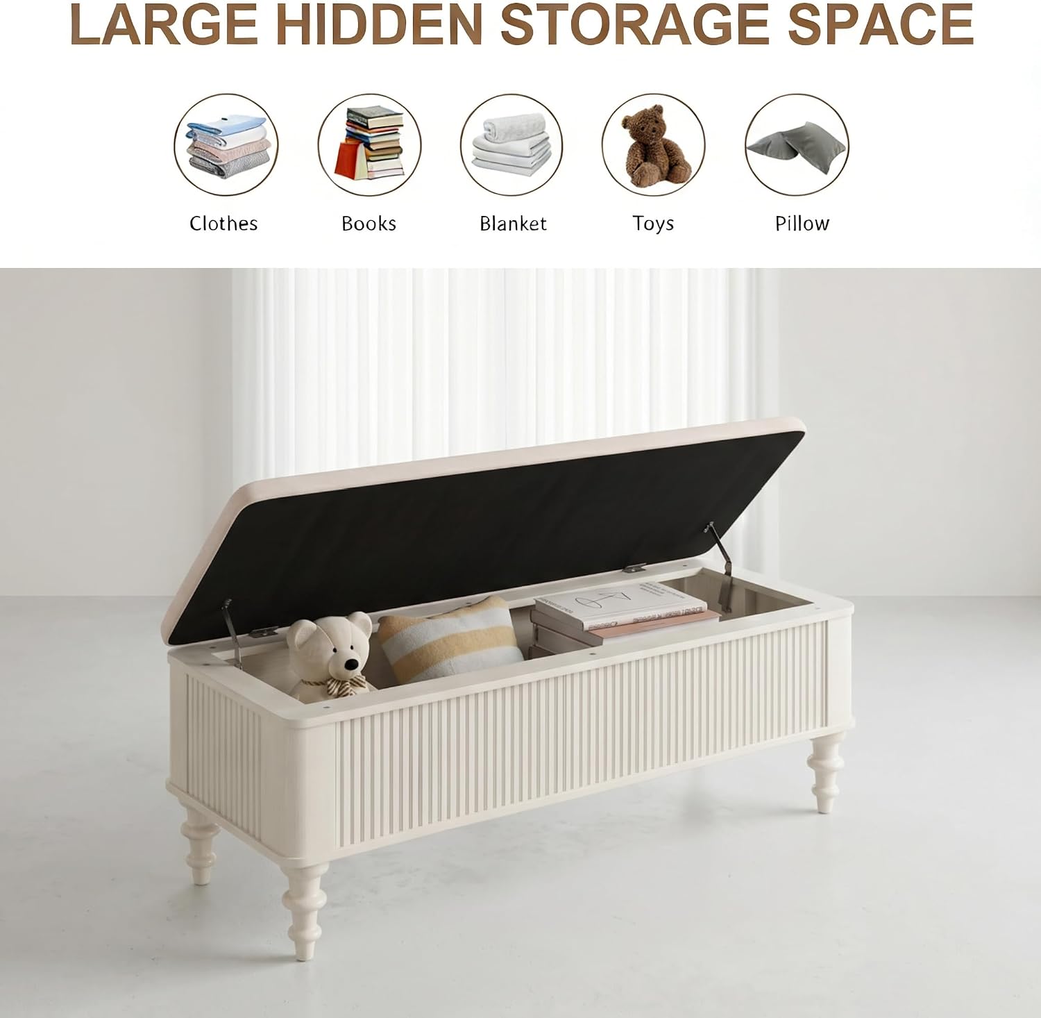 Storage Ottoman Bench 50.8" Rubberwood Linen Beige | Linen Seat, Storage Bench for Bedroom, Entryway Shoe Organizer for Bedroom, Living Room, Entryway, Closet, Beige