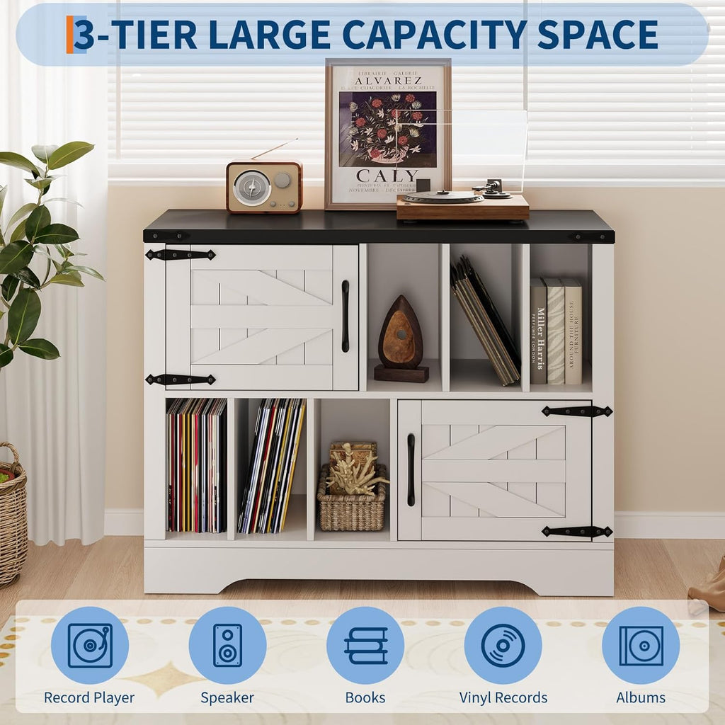 39in Large Record Player Stand with Vinyl Storage, Farmhouse Wood Turntable Cabinet with 2 Barn Doors, Mid-Century Modern Record Storage Holds Up to 450 Albums for Living Room Bedroom- White