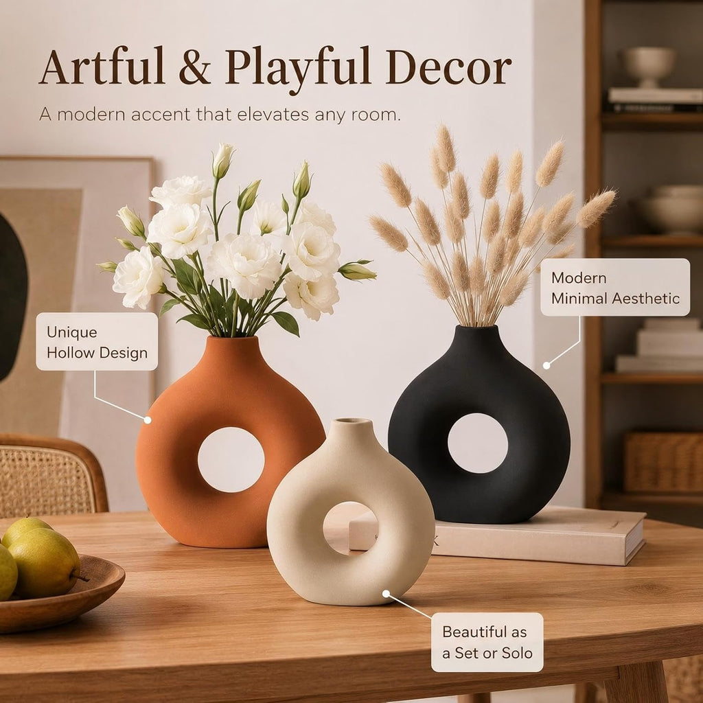 3 Pcs Ceramic Vase Rust for Modern Home Decor Round Circle Matte Boho Donut Vase for Table Decor Living Room Minimalist Nordic, 9.4", 7.7", 5.6"