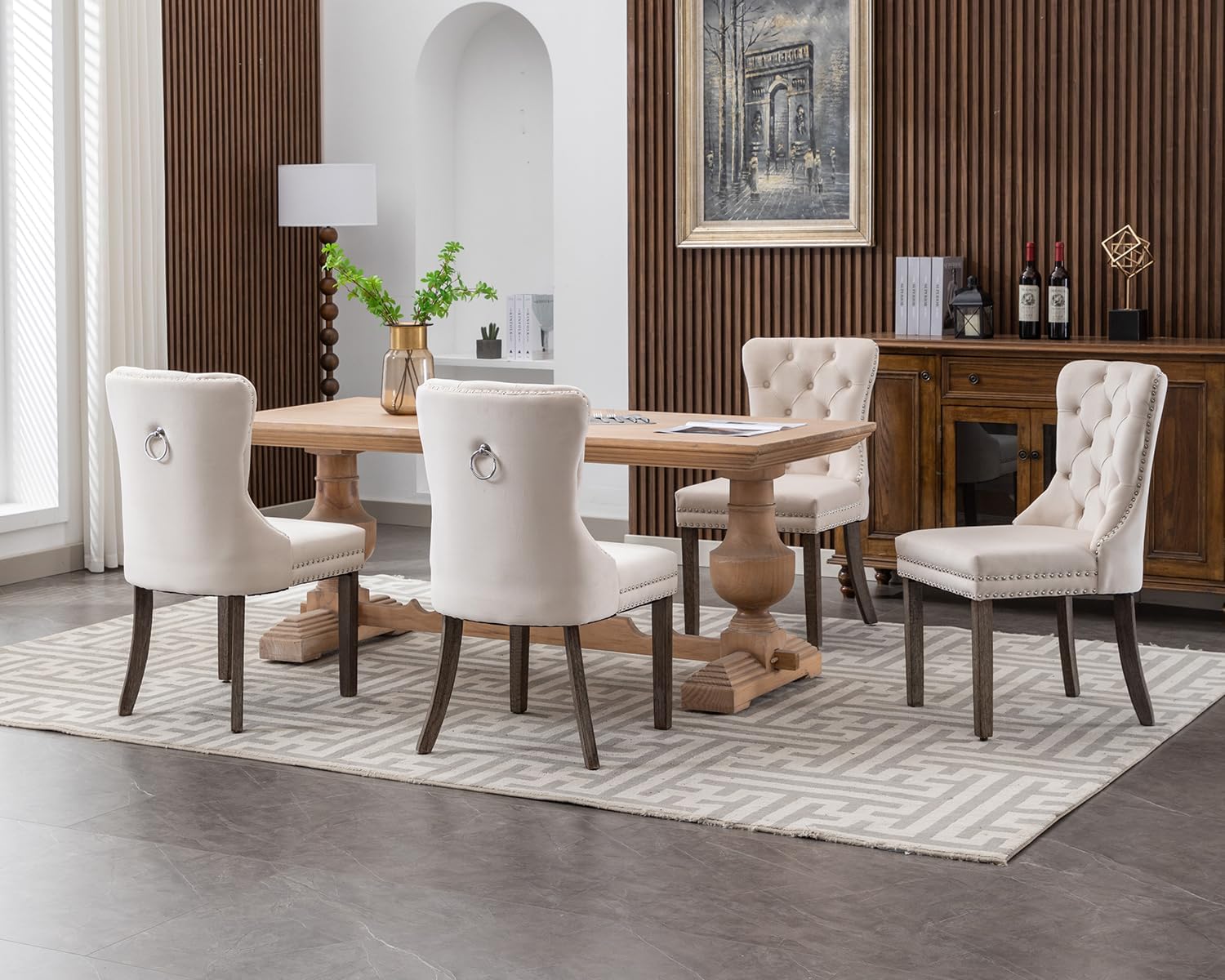 KCC Velvet Dining Chairs Set of 4, Upholstered High-end Tufted Dining Room Chair with Nailhead Back Ring Pull Trim Solid Wood Legs, Nikki Collection Modern Style for Kitchen, Beige