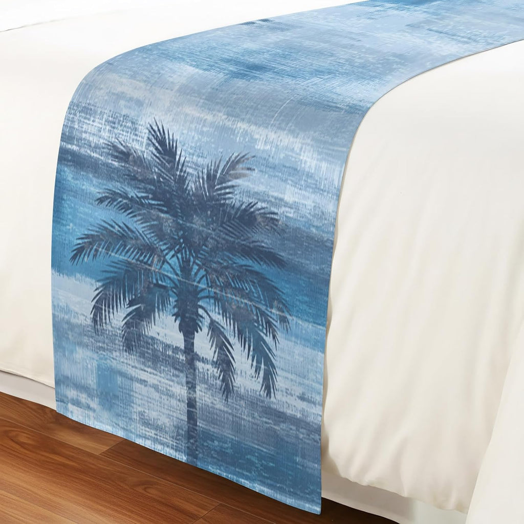 Navy Blue Palm Tree Bed Runner Scarf King Size, Coastal Tropical Trees Vintage Summer Luxury Bed Throw Runners & Scarves for Twin Full Queen King Foot of Beds, Hotel Decoration, 94"x20"