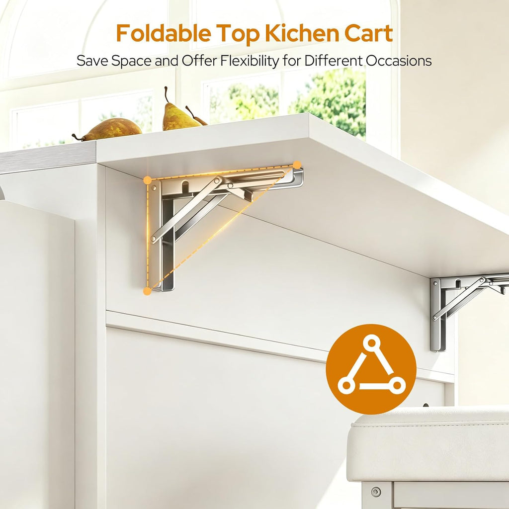 Concho 56'' Rolling Kitchen Island with Seating and Stainless Steel Countertop, Mobile Kitchen Carts with Folding Drop Leaf, 2 Bar Stools, Power Outlet, Spice/Towel Rack, Zircon White