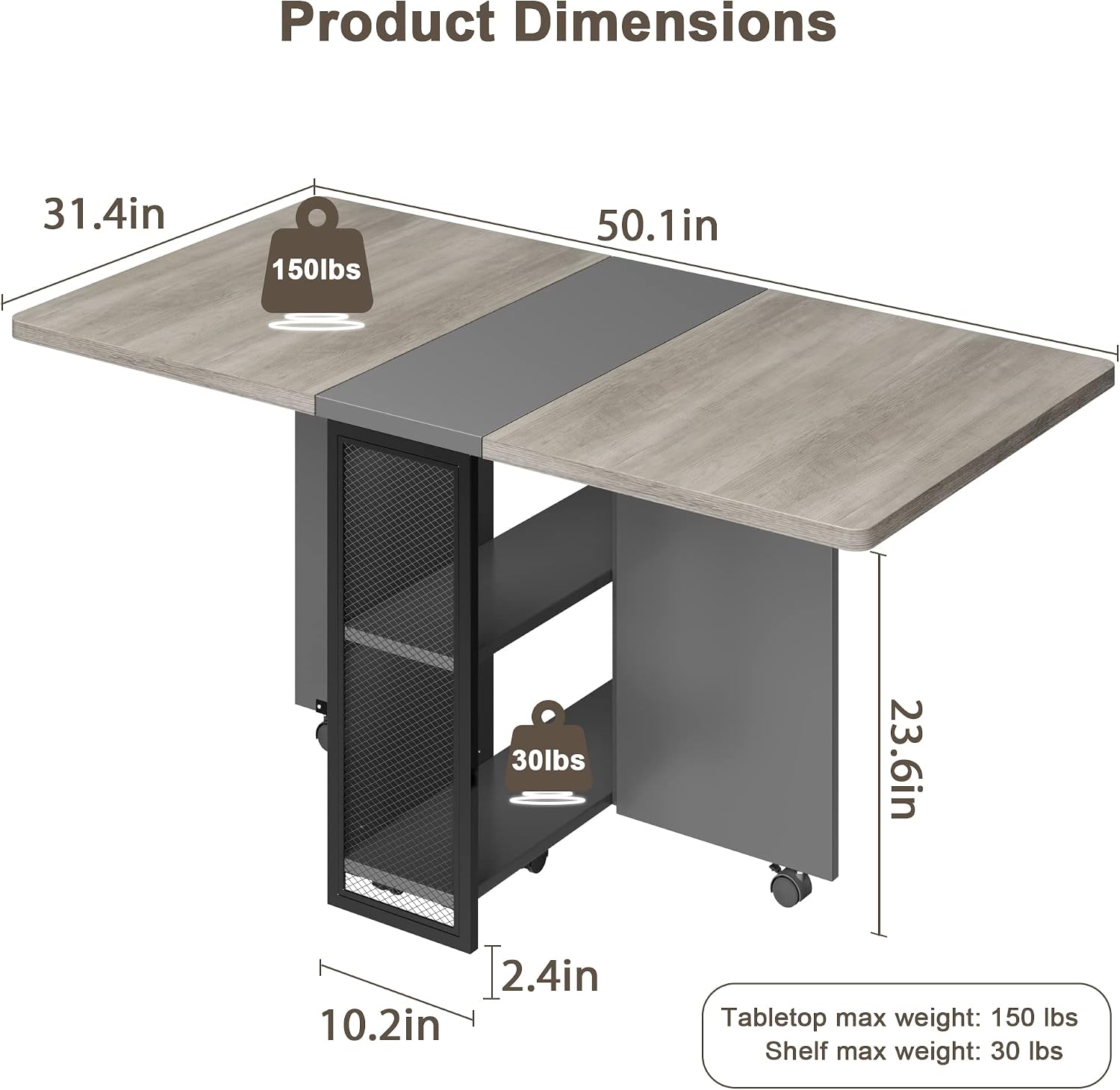 IDEALHOUSE FoldingTable, Drop Leaf Dining Table with 6 Wheels and 2-Layer Storage Shelf, Space Saving Table for Small Spaces (Slate Oak, 50.1" D x 31.4" W x 29.5" H)