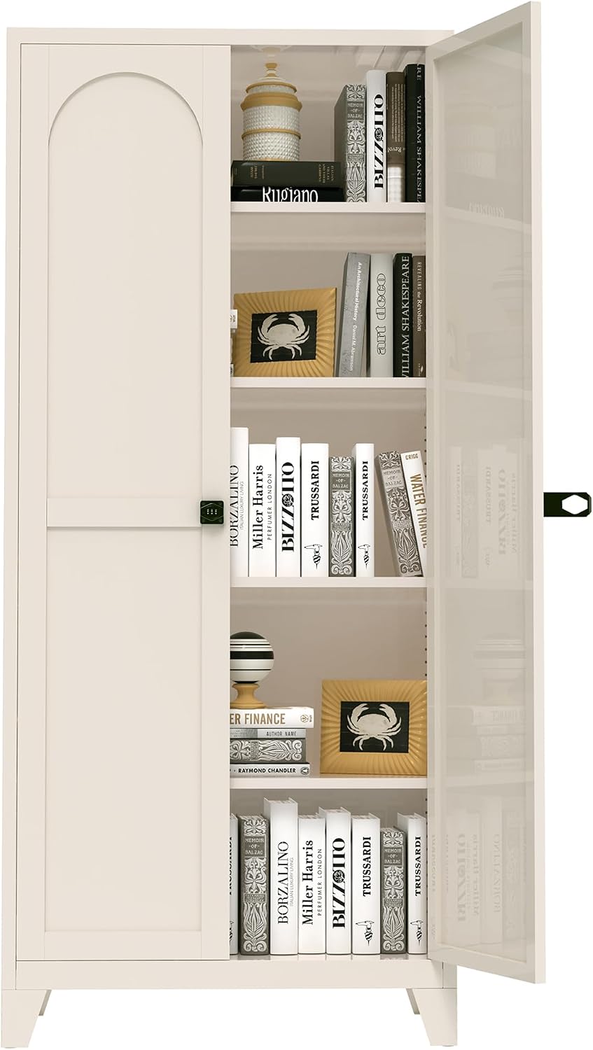 JIJIWANG 71'' Metal Pantry Cabinet, Kitchen Pantry Storage Cabinets with 2 Door and Adjustable Shelves,Kitchen Pantry Cabinet, Freestanding Cupboard for Dining Room Living Room Bathroom,Beige