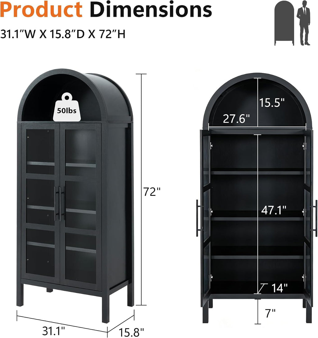 leovanni Arched Kitchen Pantry Cabinet with Tempered Glass Doors, 72" Tall Hutch Storage Cabinet with Adjustable Shelves, Glass Display Bookcase for Dining Room or Living Room, Black