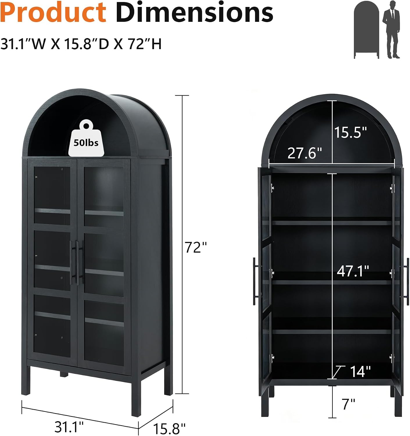 leovanni Arched Kitchen Pantry Cabinet with Tempered Glass Doors, 72" Tall Hutch Storage Cabinet with Adjustable Shelves, Glass Display Bookcase for Dining Room or Living Room, Black