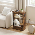 YATINEY Narrow Side Table, Wooden Skinny End Table, Slim Nightstand | Charging Station, 3-Tier Storage Shelves, Small Space