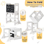 labebe 4-in-1 Toddler Kitchen Helper Tower with Chalkboard, Foldable Learning Standing Stool for Kids 18M+, Wooden Montessori Step Stool for Kitchen Counter, Bathroom Sink & Playroom