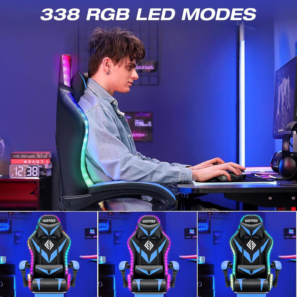 RGB Gaming Chair with LED Lights Massage Ergonomic Game Chairs for Adults High Back Reclining Computer Chair with Footrest Video Game Chair Lumbar Support Racing Style Gamer Chair Blue and Black