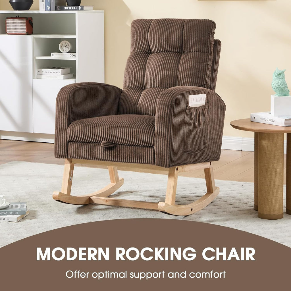 NIOIIKIT Nursery Rocking Chair, Corduroy Upholstered Rocking Chair with Adjustable Footrest, Tufted Rocker Chair with Side Pocket, Glider Rocker for Living Room, Bedroom (Brown Retro)