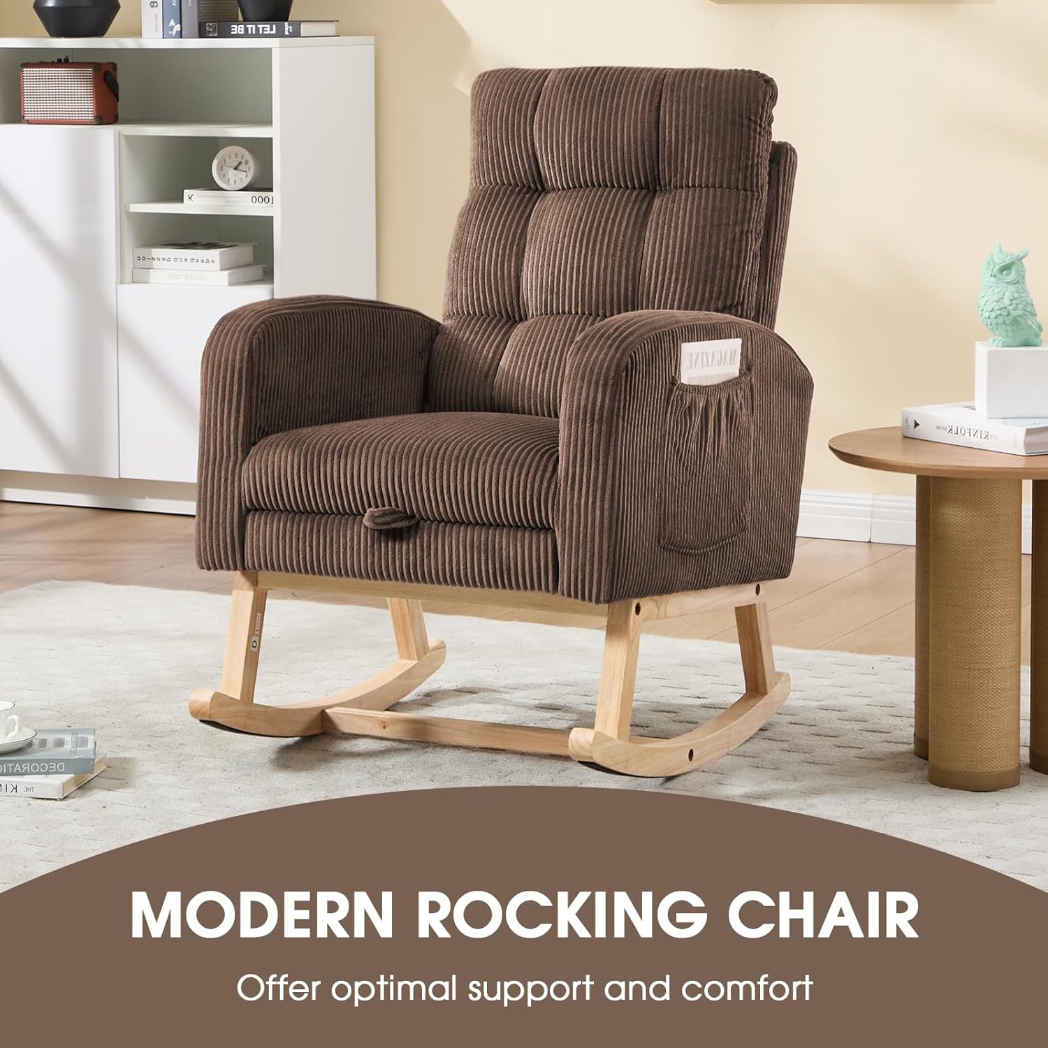 NIOIIKIT Nursery Rocking Chair, Corduroy Upholstered Rocking Chair with Adjustable Footrest, Tufted Rocker Chair with Side Pocket, Glider Rocker for Living Room, Bedroom (Brown Retro)