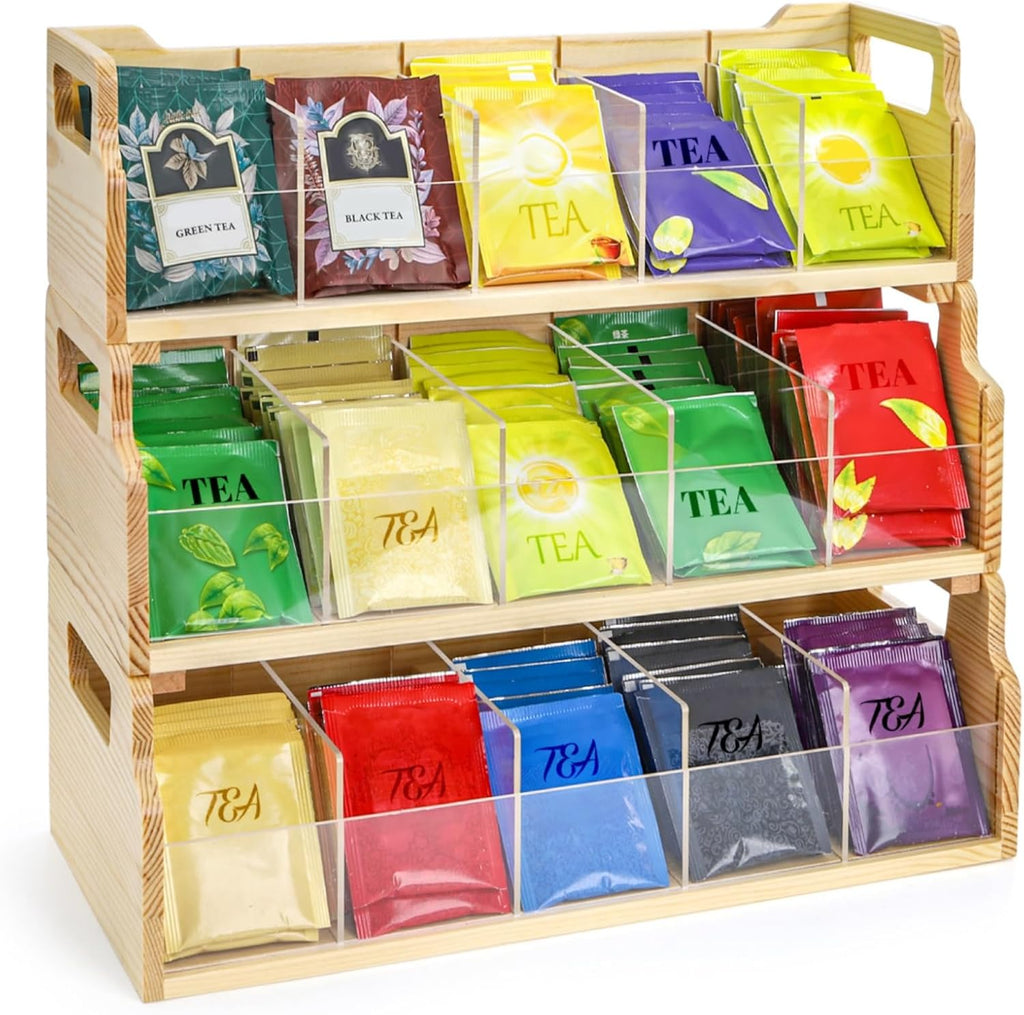 ZAVOOS Tea Bag Organizer, 3 Tier Large Stackable Tea Station Storage Box with 15 Compartments, Wooden Teabag Holder Sugar Packets Chest with Acrylic Divider for Kitchen, Countertop, Cabinet, Pantry