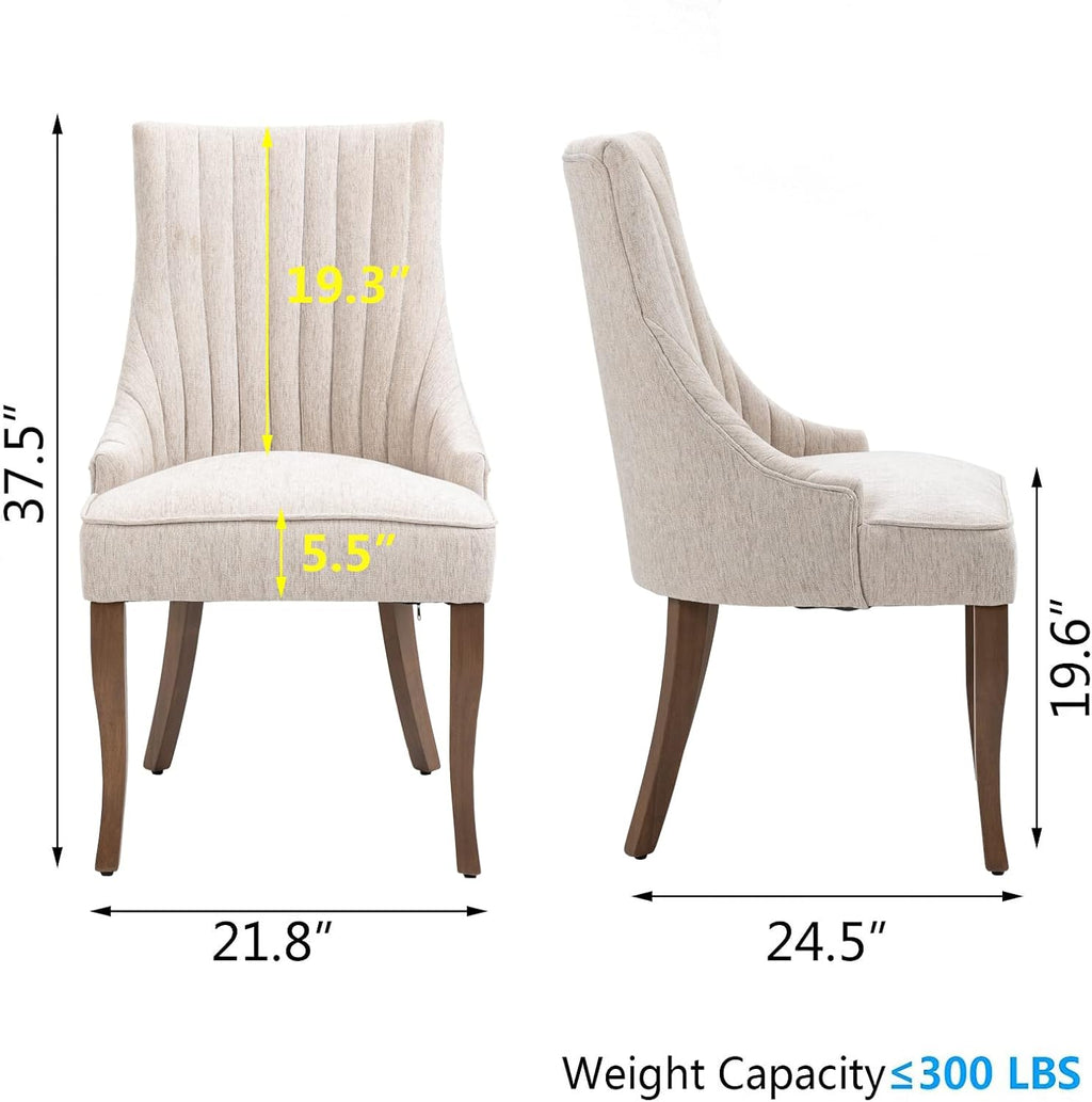 mikibama Linen Beige Dining Chairs Set of 2 Channel Tufted Kitchen Dinner Chair Comfy Fabric Upholstered Accent Chair for Dining Room with Solid Wood Legs