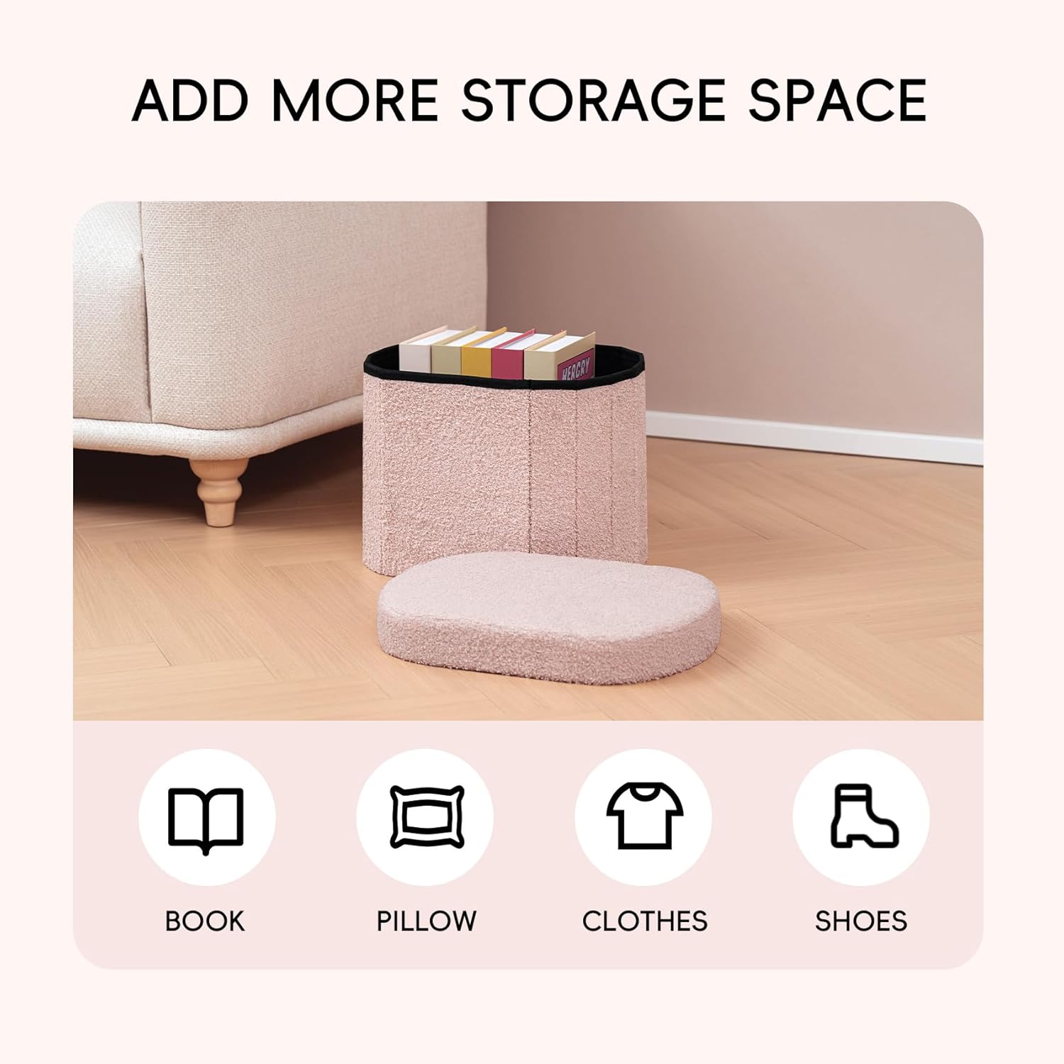 PINPLUS Storage Ottoman Boulce Tufted Oval Small Ottomans for Living Room Foot Rest with Storage, Pink 16.1"x12.2"x12.2" (Pink)